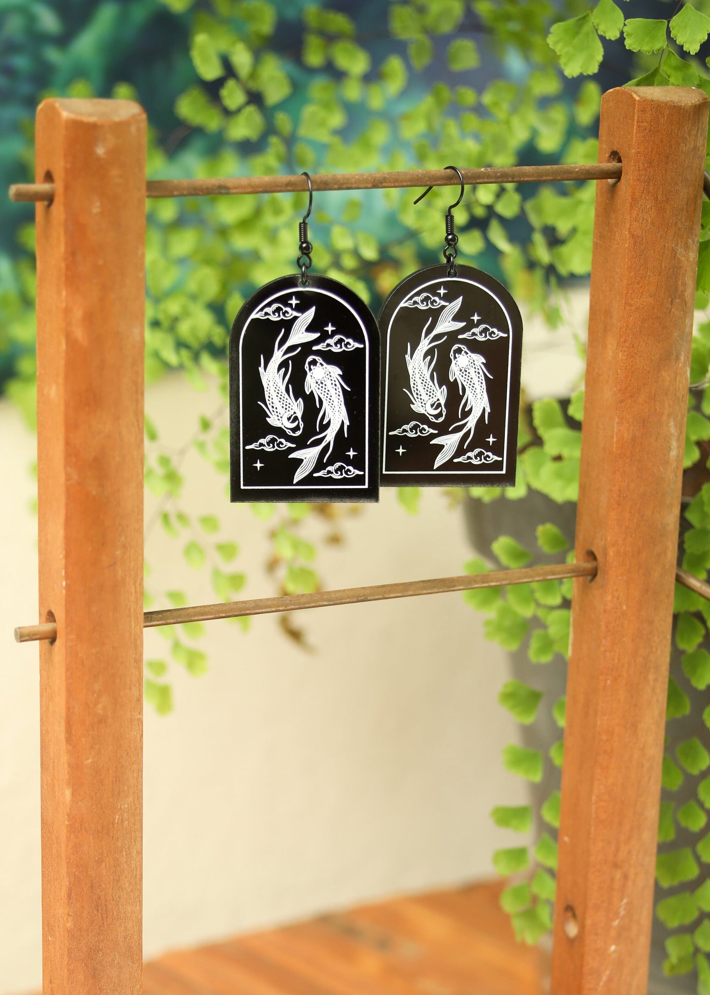 Black Acrylic Earrings | Carp Yin Yang Fish Jewelry | Witch Goth Tarot Fantasy Charm | Spiritual Koi Dark Academia Arch Japanese Chinese