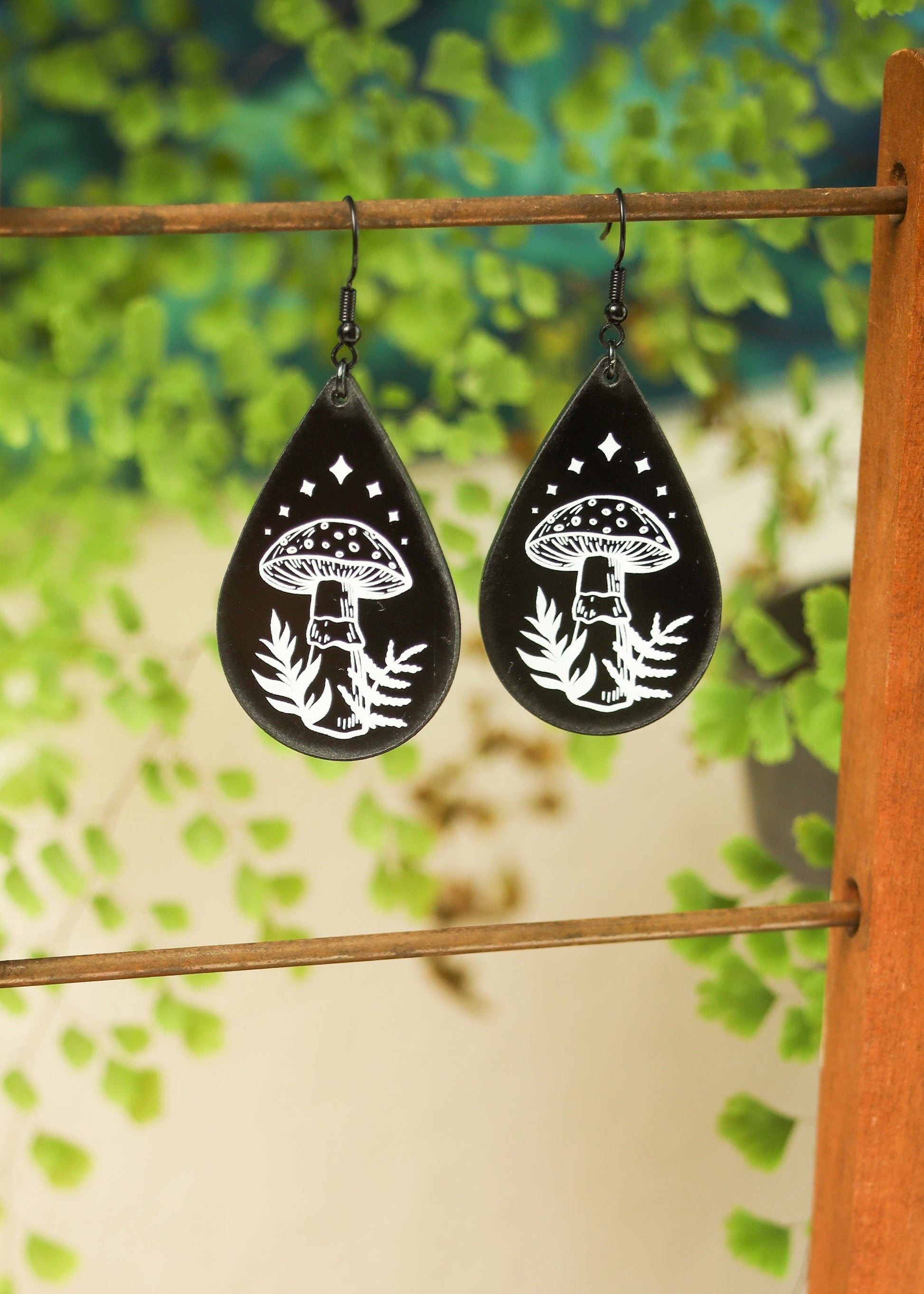 Black Acrylic Earrings | Mushroom Teardrop Jewelry | Witch Goth Whimsy Fantasy Charm | Mushroomcore Dark Academia Mycology Amanita Dangles