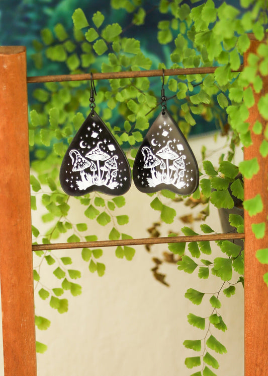 Black Acrylic Earrings | Trippy Celestial Mushroom Jewelry | Witch Goth Psychedelic Fantasy Charm | Whimsical Mystical Planchette Dangles