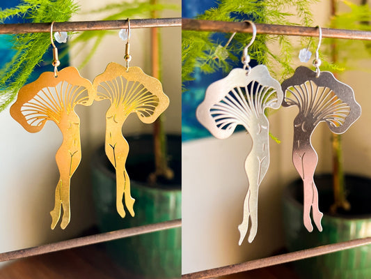 Mushroom Lady Earrings | Brass Gold Tone Stainless Steel Silver Dangles | Cottagecore Mushroomcore Metal Cut Out Charm Jewelry
