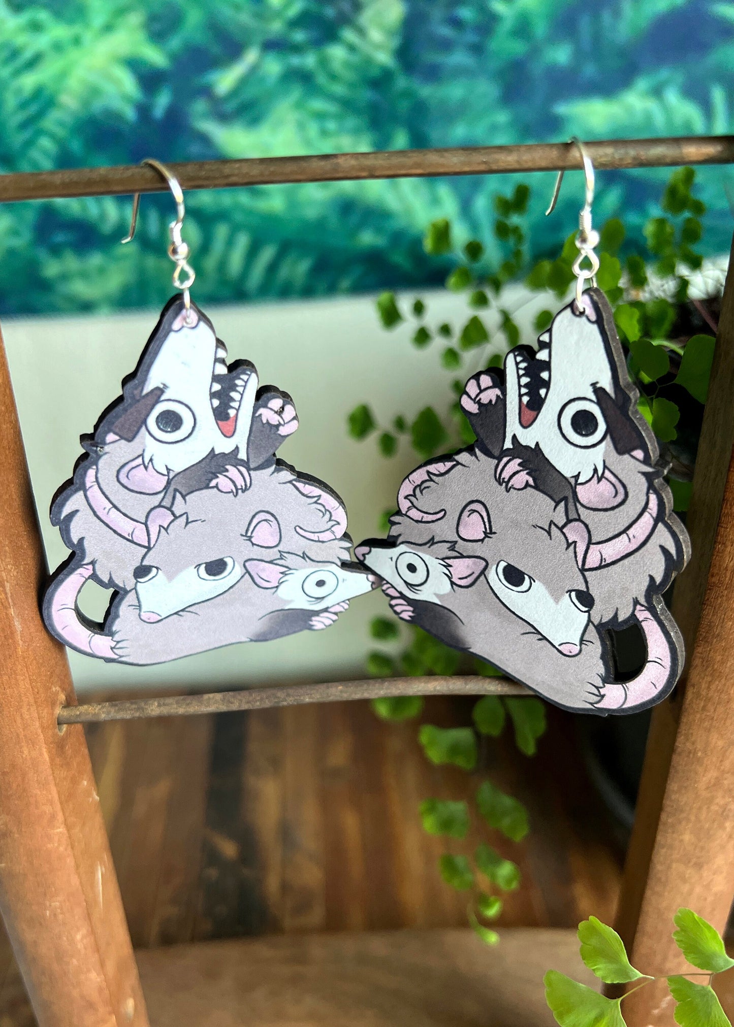 Opossum Pile Earrings | Quirky Silly Possum Art Jewelry | Unique Whimsical Animal Lover Gift | Woodland Wildlife Goblincore Dangles