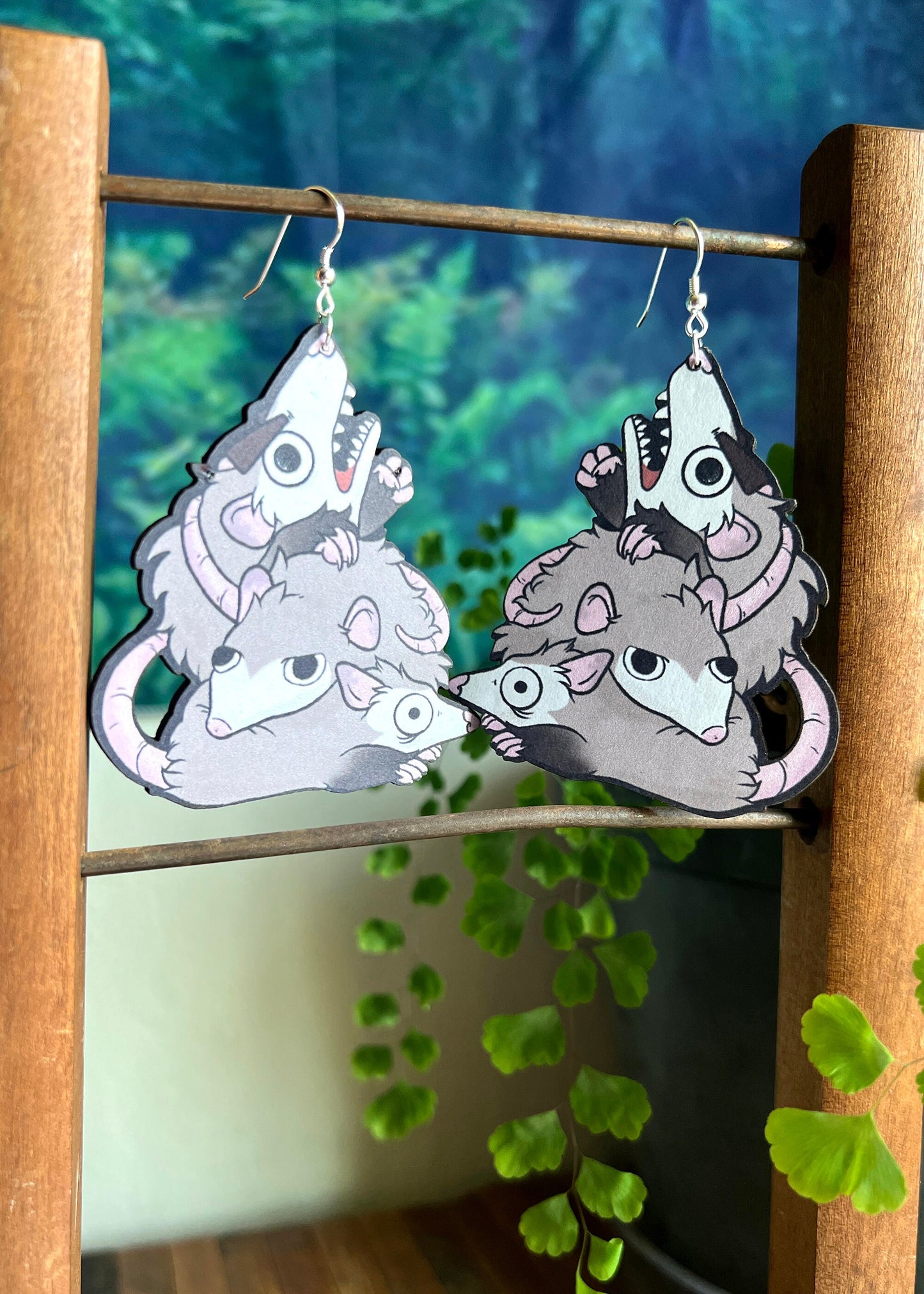 Opossum Pile Earrings | Quirky Silly Possum Art Jewelry | Unique Whimsical Animal Lover Gift | Woodland Wildlife Goblincore Dangles