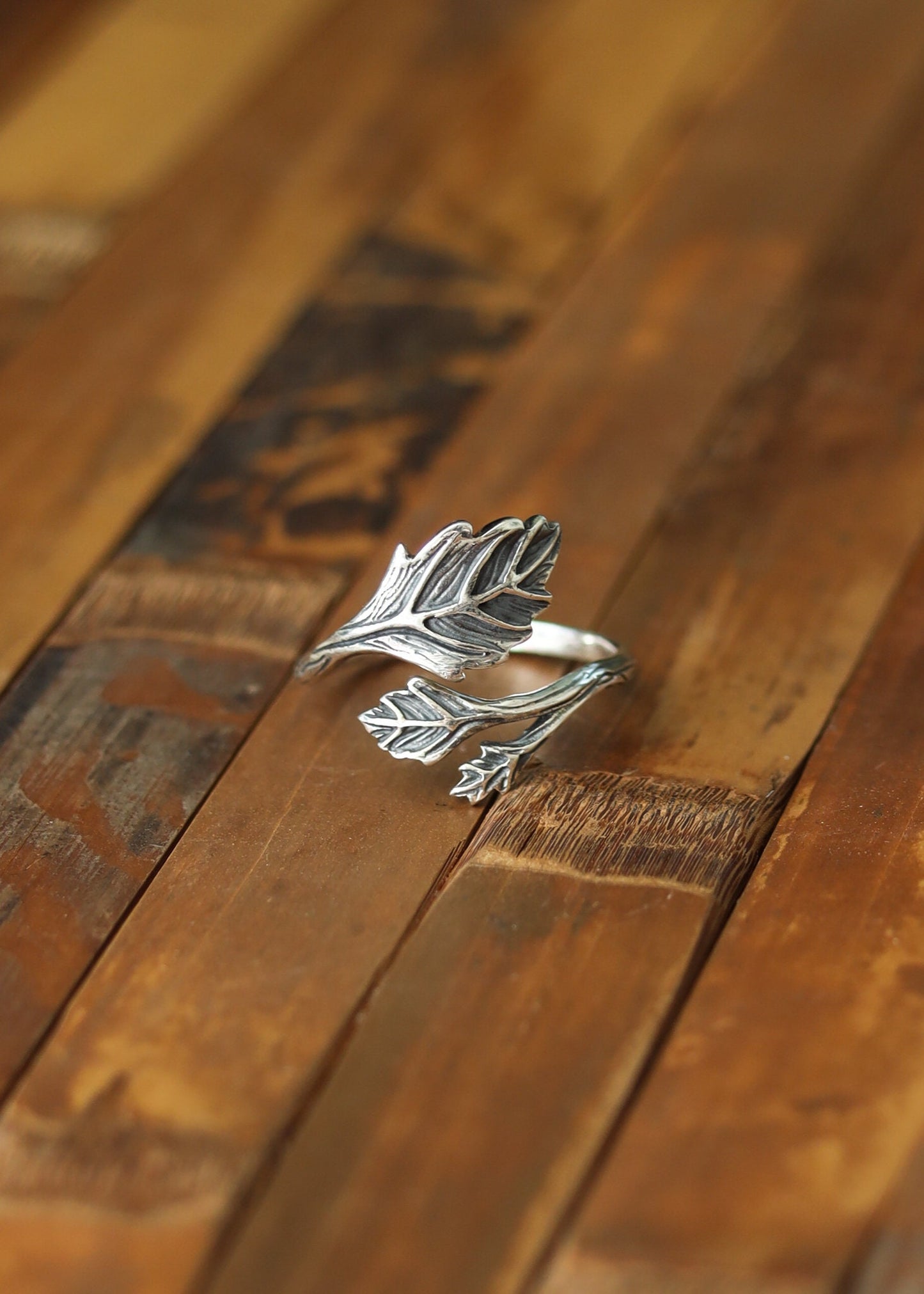 Adjustable Leaf Ring | Sterling Silver Branch Nature Jewelry | Elven Whimsical Fantasy Spiral Band | Fairy Statement Bridesmaids Oak Twig