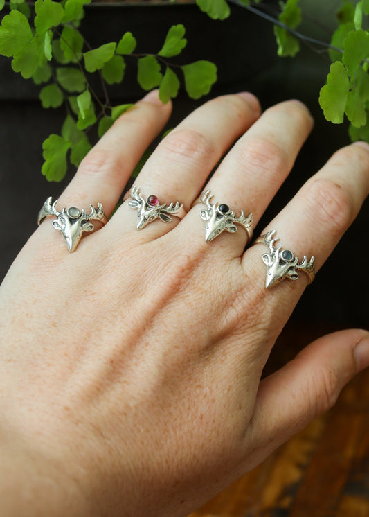 Buck Antler Ring | Sterling Silver Stag with Gemstone | Onyx Chalcedony Garnet Labradorite | Fairycore Elven Fantasy | Whimsical Animal Horn