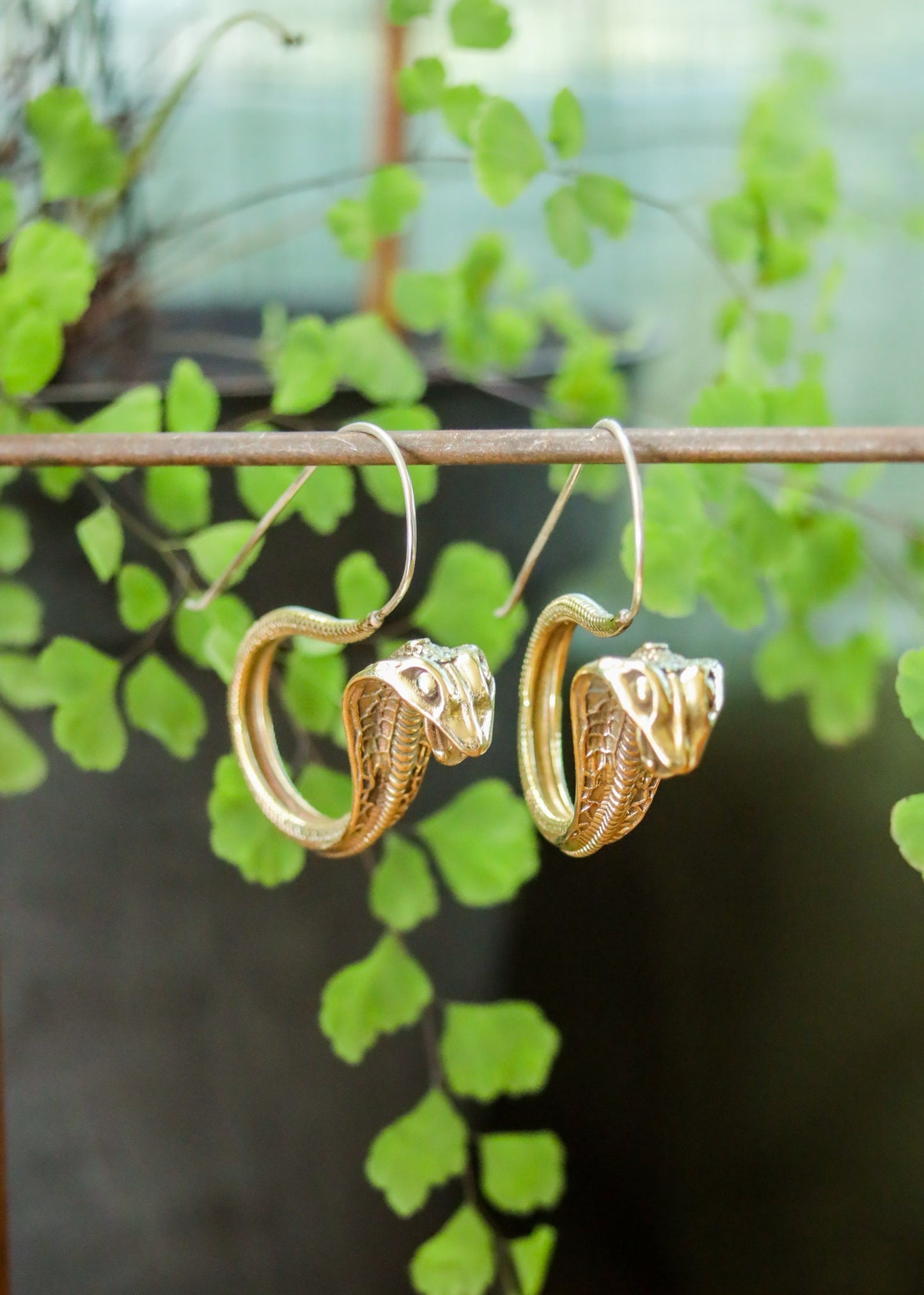 Brass Cobra Snake Earrings | Witchy Gothic Steampunk Medieval Jewelry | Fantasy Serpent Python Dragon Mystical Reptile Dangles Hoops