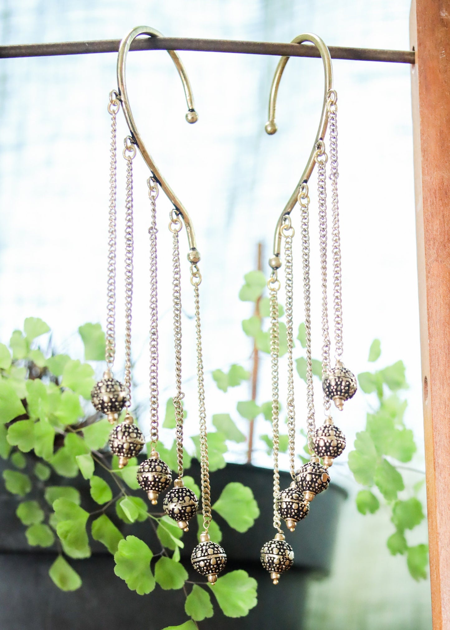 Brass Ornate Ball Charm Ear Cuffs | Chandelier Dangle Behind Ear Wrap | No Piercing Jewelry | Fairy Whimsy Fantasy Witch Steampunk Festival