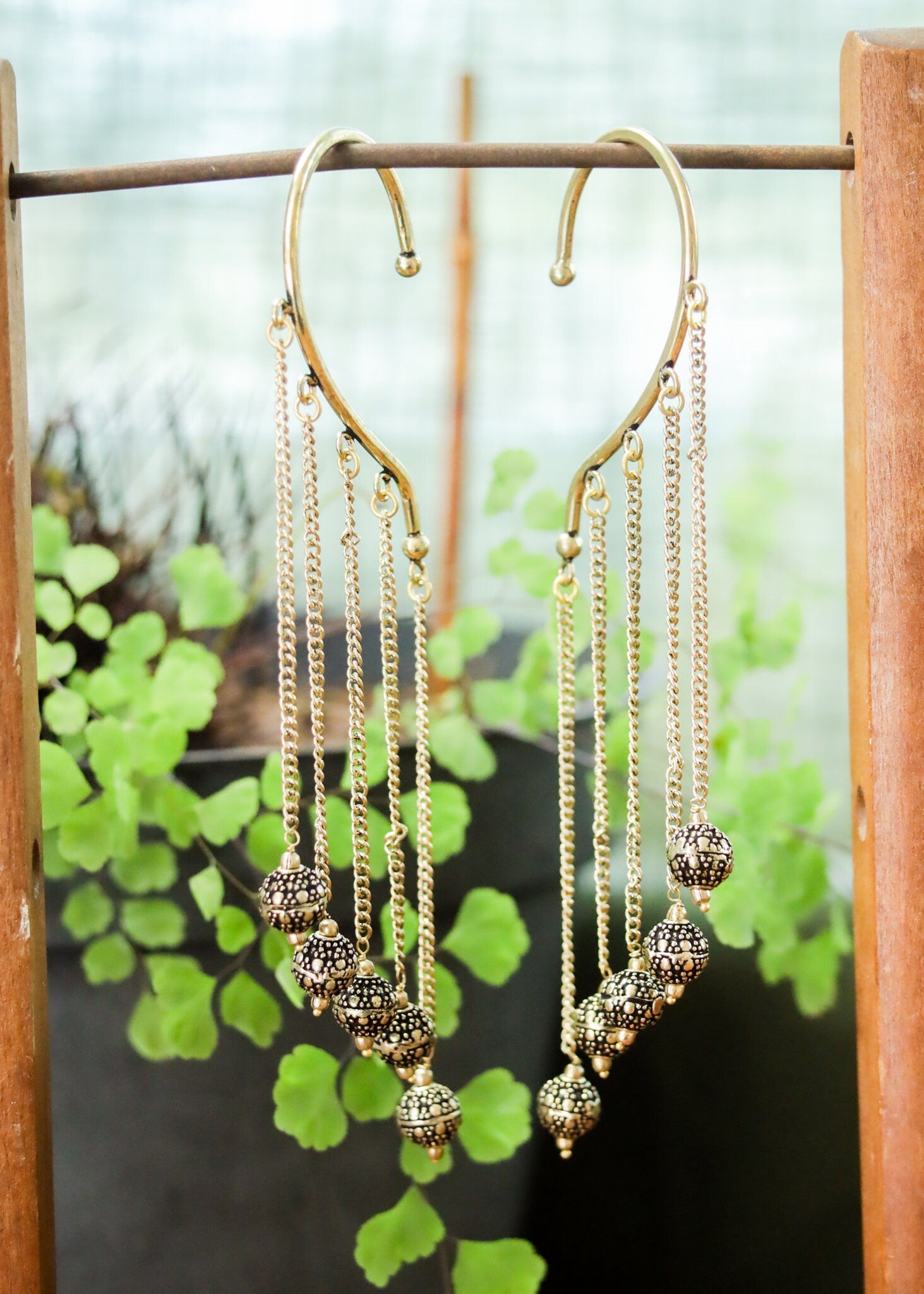 Brass Ornate Ball Charm Ear Cuffs | Chandelier Dangle Behind Ear Wrap | No Piercing Jewelry | Fairy Whimsy Fantasy Witch Steampunk Festival