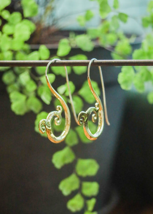 Brass Wave Spiral Earrings | Geometric Ocean Nature Inspired Jewelry | Elven Fairycore Whimsical Fantasy Cottagecore | Boho Gold Tone Hoops