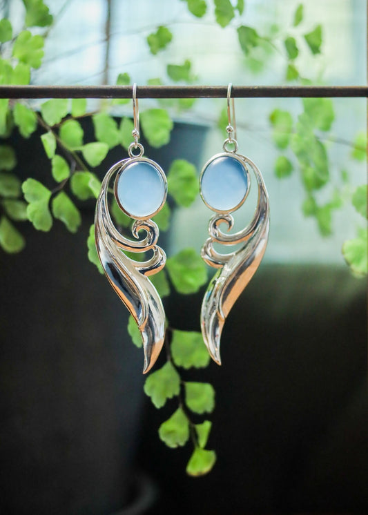 Art Nouveau Gemstone Earrings | Fairycore Elven Swirl Curled Wave Chalcedony Dangles | Vintage Inspired Silver Whimsical Statement Jewelry