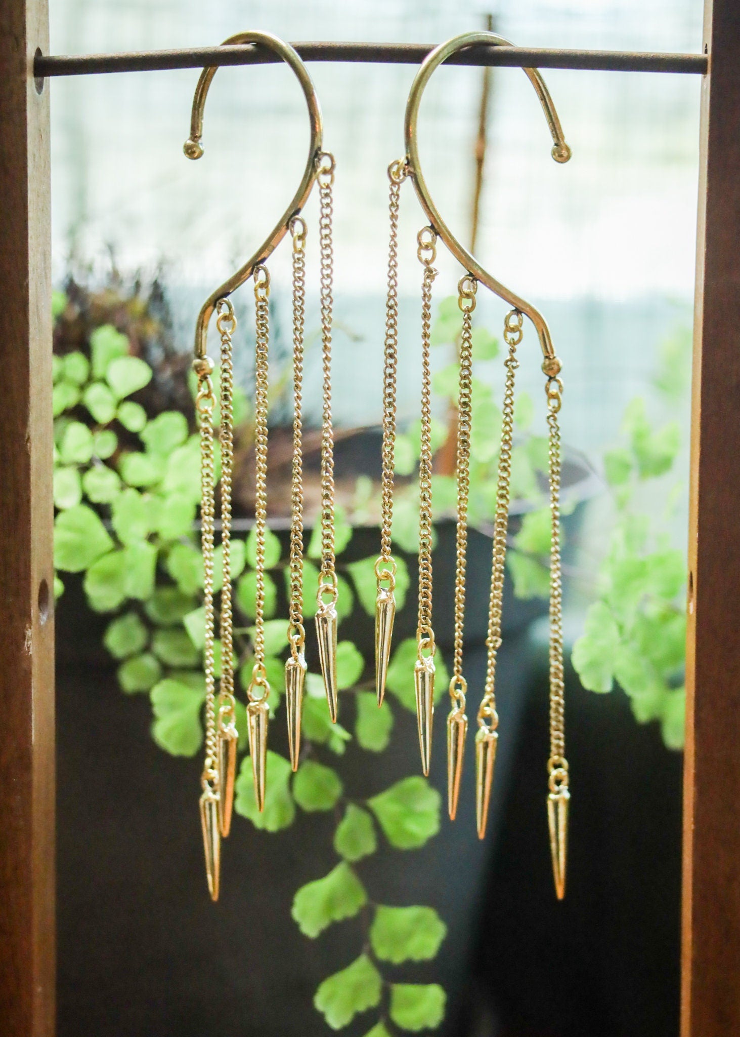 Brass Point Ear Cuffs | Chandelier Dangle Behind Ear Wrap | No Piercing Spear Fairy Whimsical Fantasy Jewelry | Witch Steampunk Festivalwear
