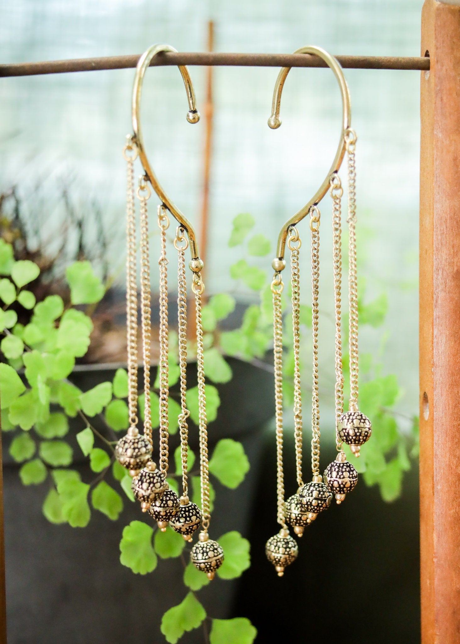 Brass Ornate Ball Charm Ear Cuffs | Chandelier Dangle Behind Ear Wrap | No Piercing Jewelry | Fairy Whimsy Fantasy Witch Steampunk Festival