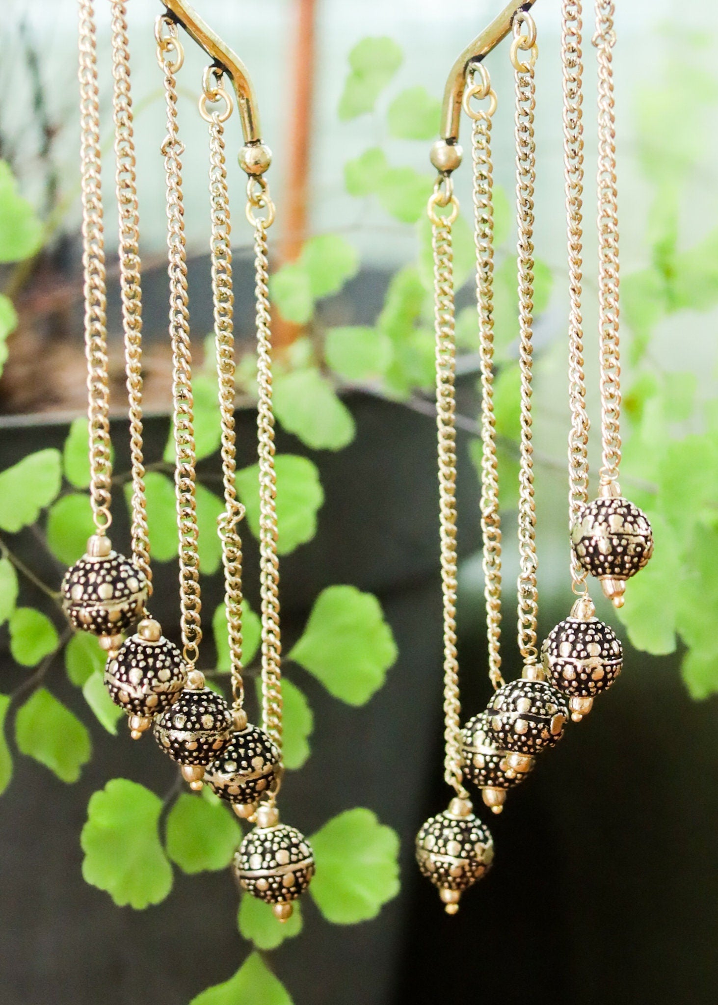Brass Ornate Ball Charm Ear Cuffs | Chandelier Dangle Behind Ear Wrap | No Piercing Jewelry | Fairy Whimsy Fantasy Witch Steampunk Festival