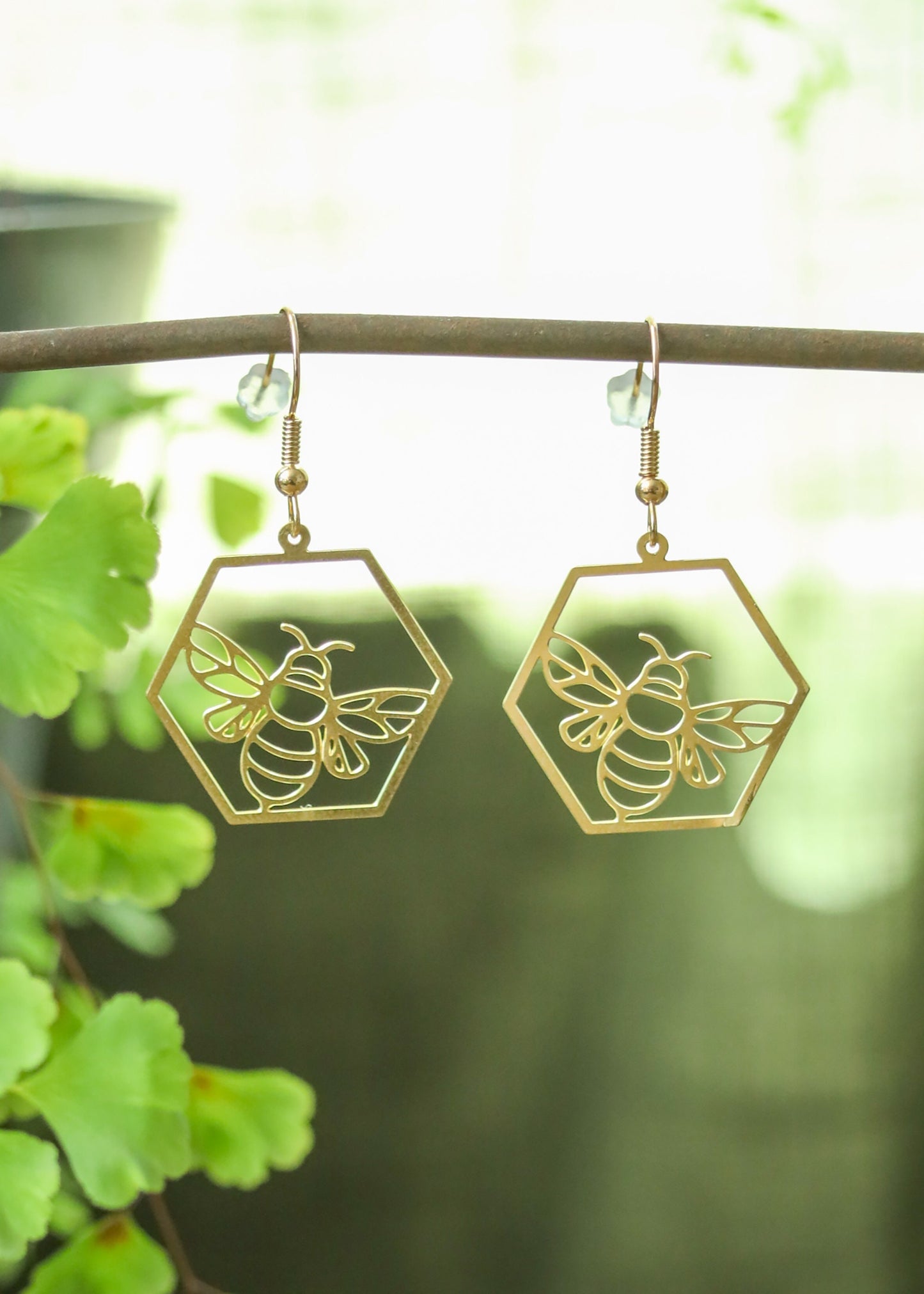 Honey Bee Earrings | Honeycomb Geometric Brass Gold Tone Dangles | Minimalist Delicate Lightweight Jewelry | Queen Bumblebee Beekeeper Gift