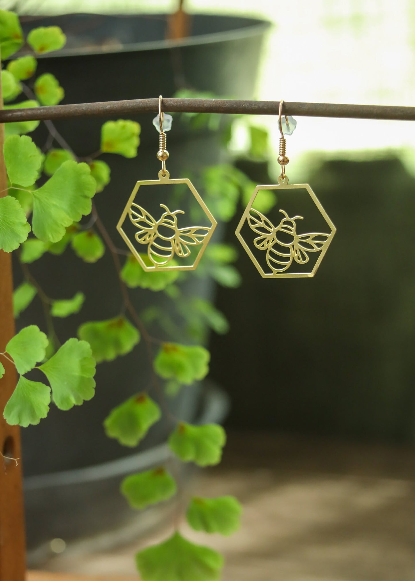 Honey Bee Earrings | Honeycomb Geometric Brass Gold Tone Dangles | Minimalist Delicate Lightweight Jewelry | Queen Bumblebee Beekeeper Gift
