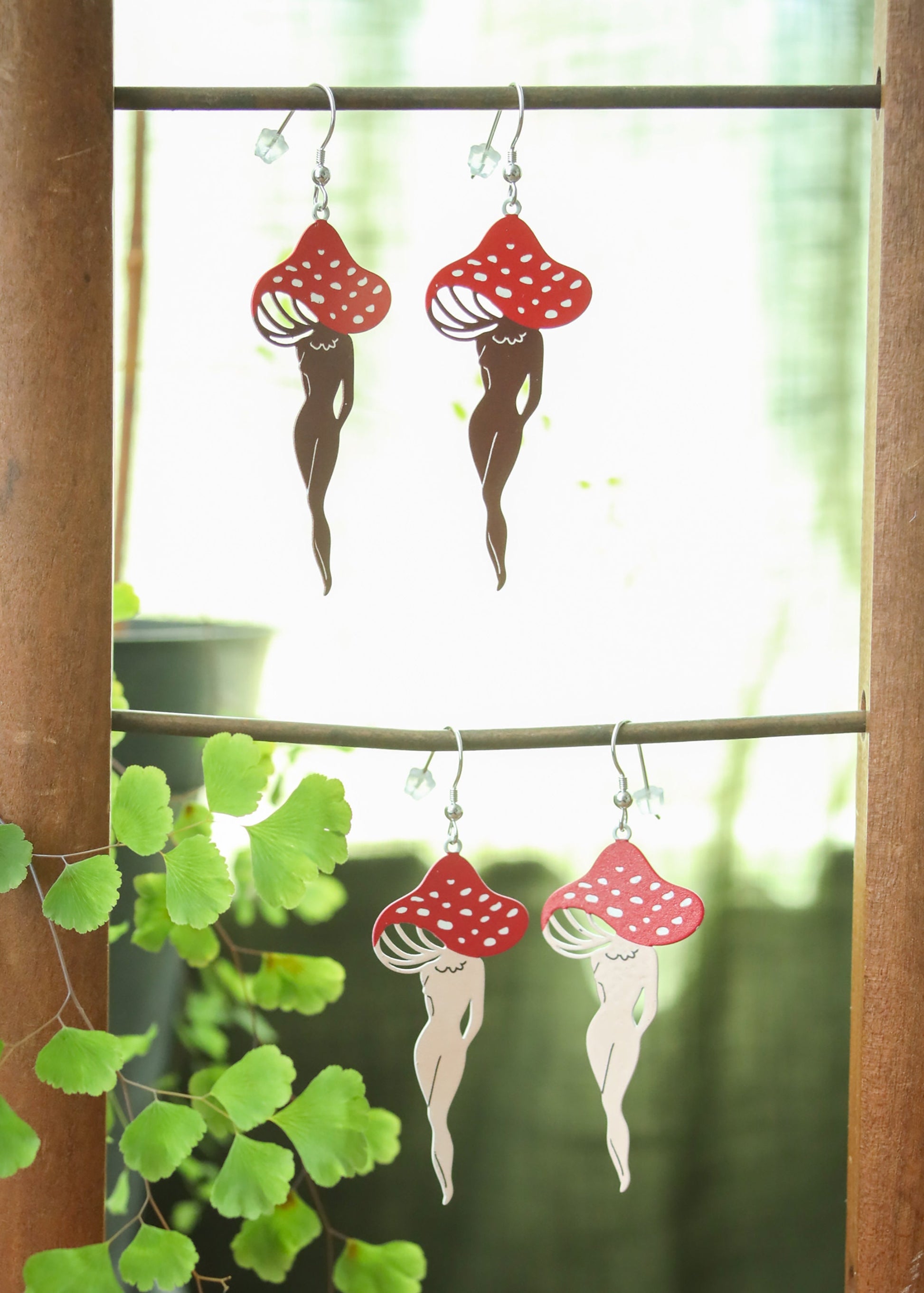 Mushroom Lady Earrings | Painted Stainless Steel Mushy Dangles | Fungi Nature Fairycore Charm | Whimsical Fantasy Amanita Mushroom Legs