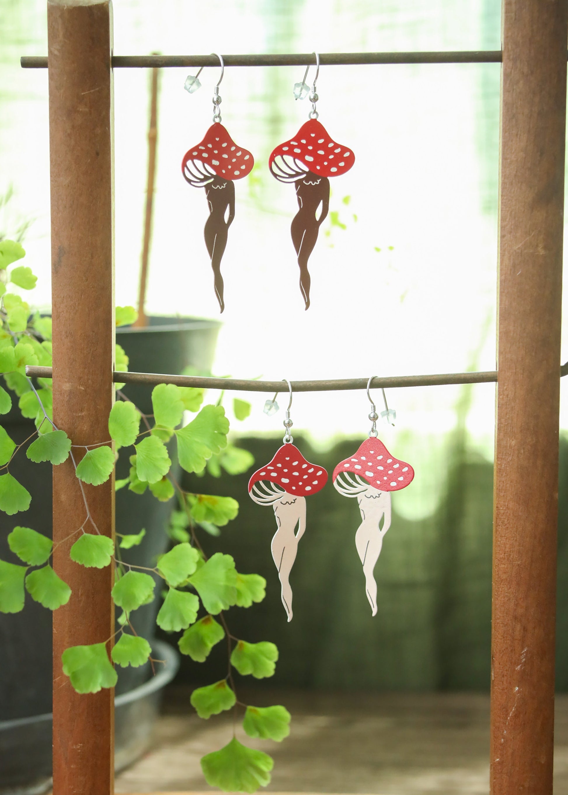 Mushroom Lady Earrings | Painted Stainless Steel Mushy Dangles | Fungi Nature Fairycore Charm | Whimsical Fantasy Amanita Mushroom Legs