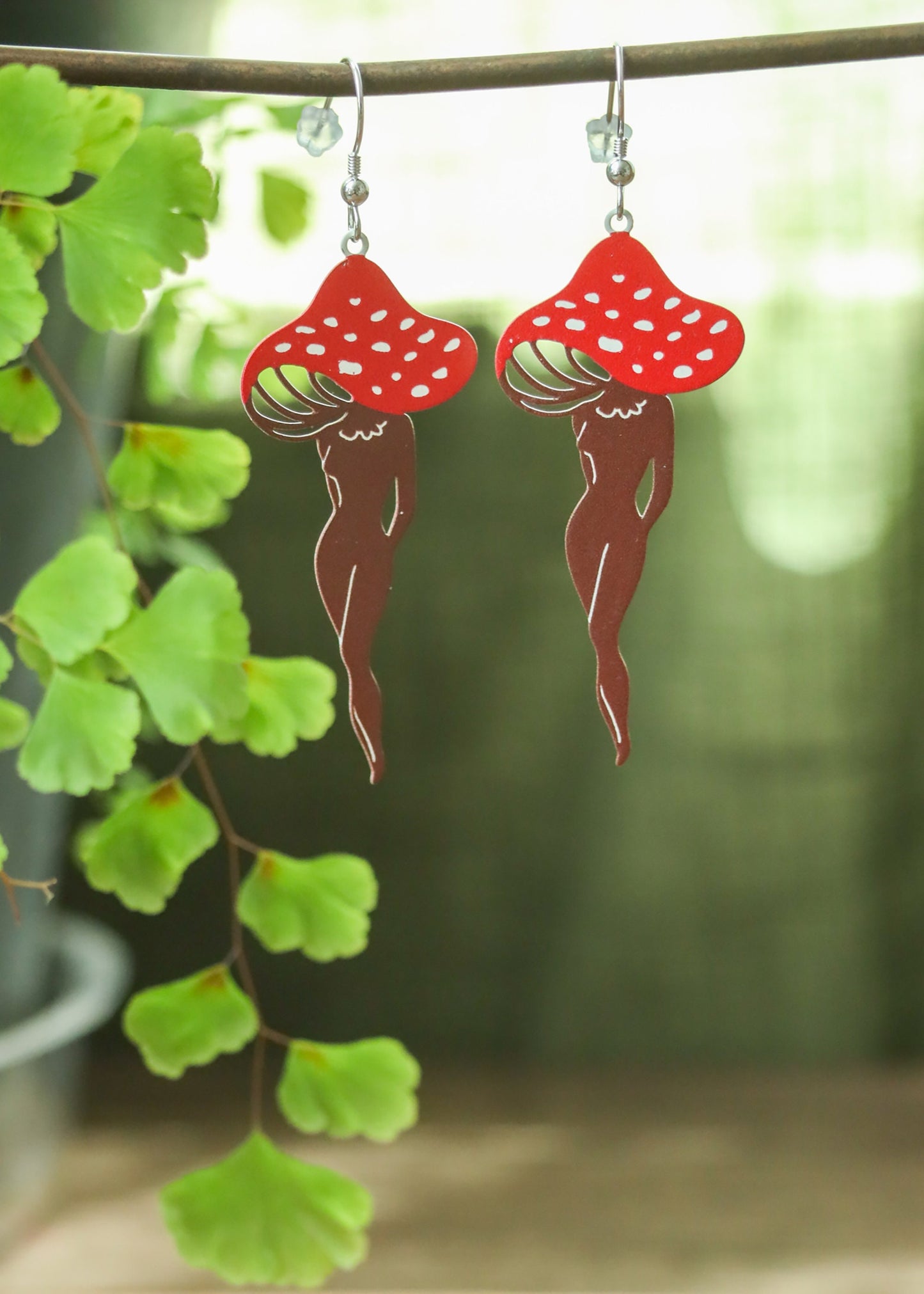 Mushroom Lady Earrings | Painted Stainless Steel Mushy Dangles | Fungi Nature Fairycore Charm | Whimsical Fantasy Amanita Mushroom Legs