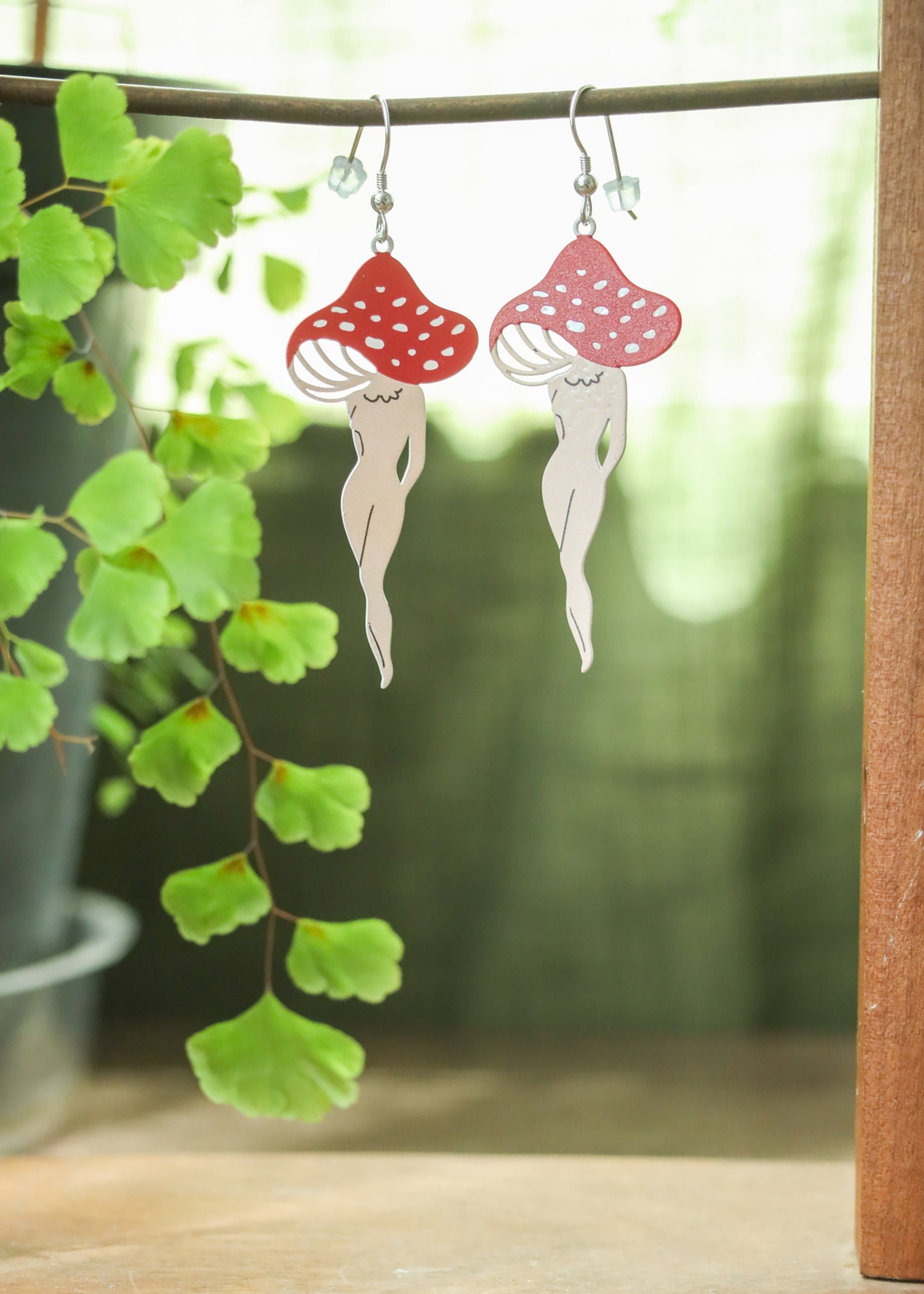 Mushroom Lady Earrings | Painted Stainless Steel Mushy Dangles | Fungi Nature Fairycore Charm | Whimsical Fantasy Amanita Mushroom Legs