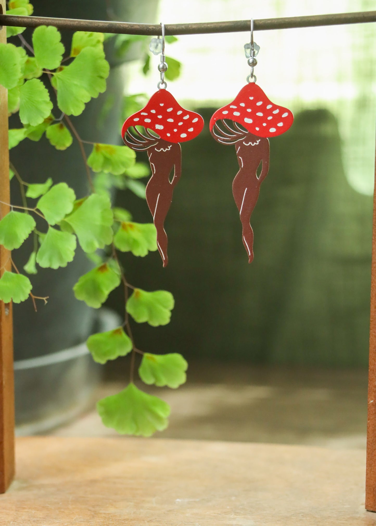 Mushroom Lady Earrings | Painted Stainless Steel Mushy Dangles | Fungi Nature Fairycore Charm | Whimsical Fantasy Amanita Mushroom Legs