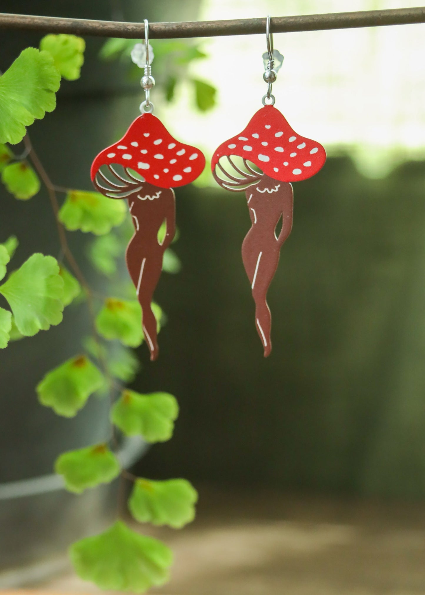 Mushroom Lady Earrings | Painted Stainless Steel Mushy Dangles | Fungi Nature Fairycore Charm | Whimsical Fantasy Amanita Mushroom Legs