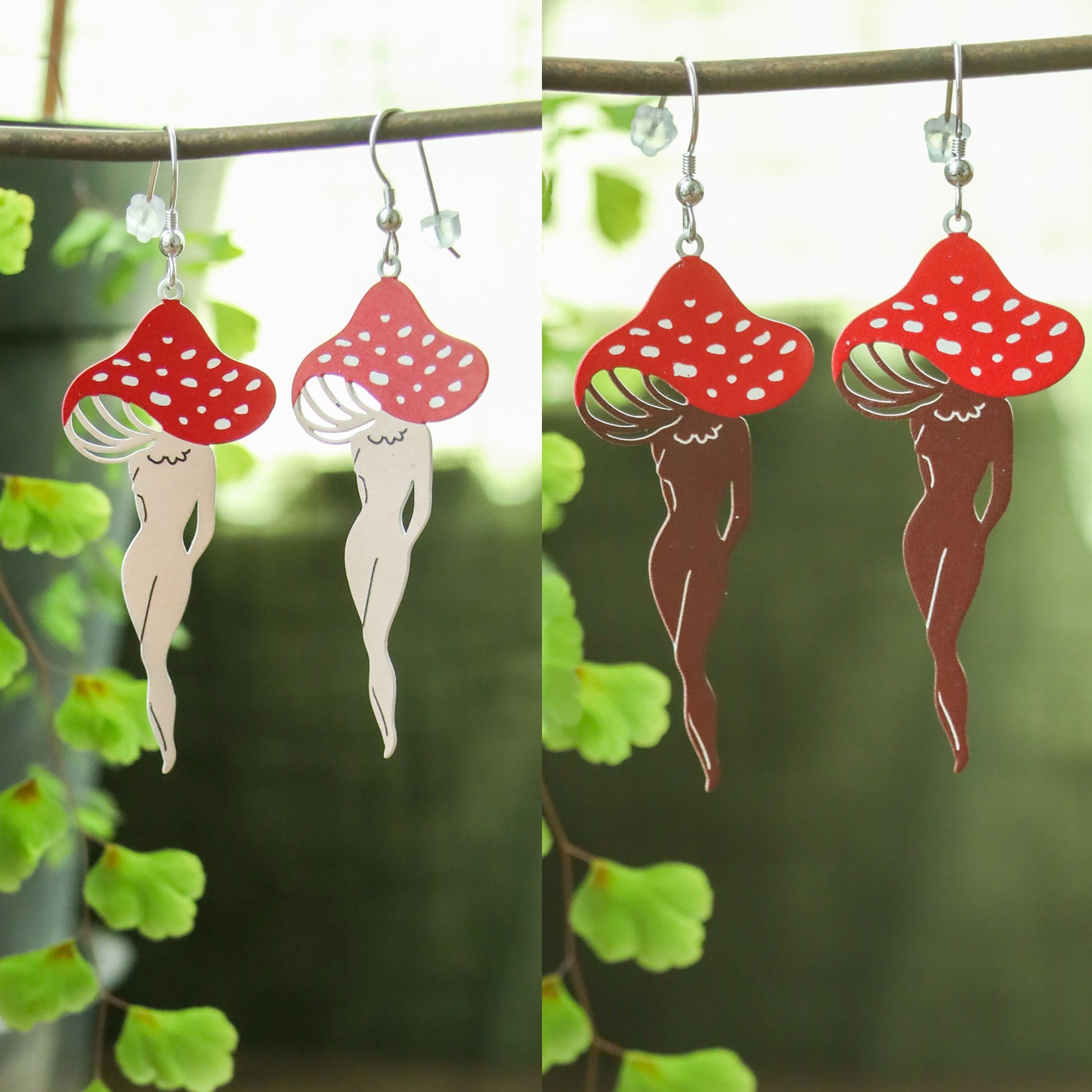 Mushroom Lady Earrings | Painted Stainless Steel Mushy Dangles | Fungi Nature Fairycore Charm | Whimsical Fantasy Amanita Mushroom Legs