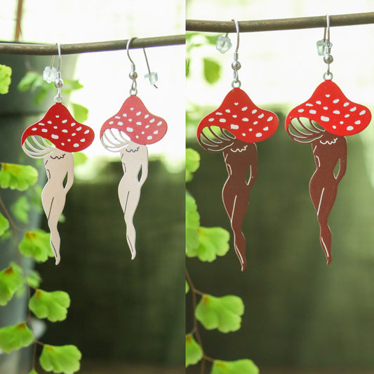 Mushroom Lady Earrings | Painted Stainless Steel Mushy Dangles | Fungi Nature Fairycore Charm | Whimsical Fantasy Amanita Mushroom Legs
