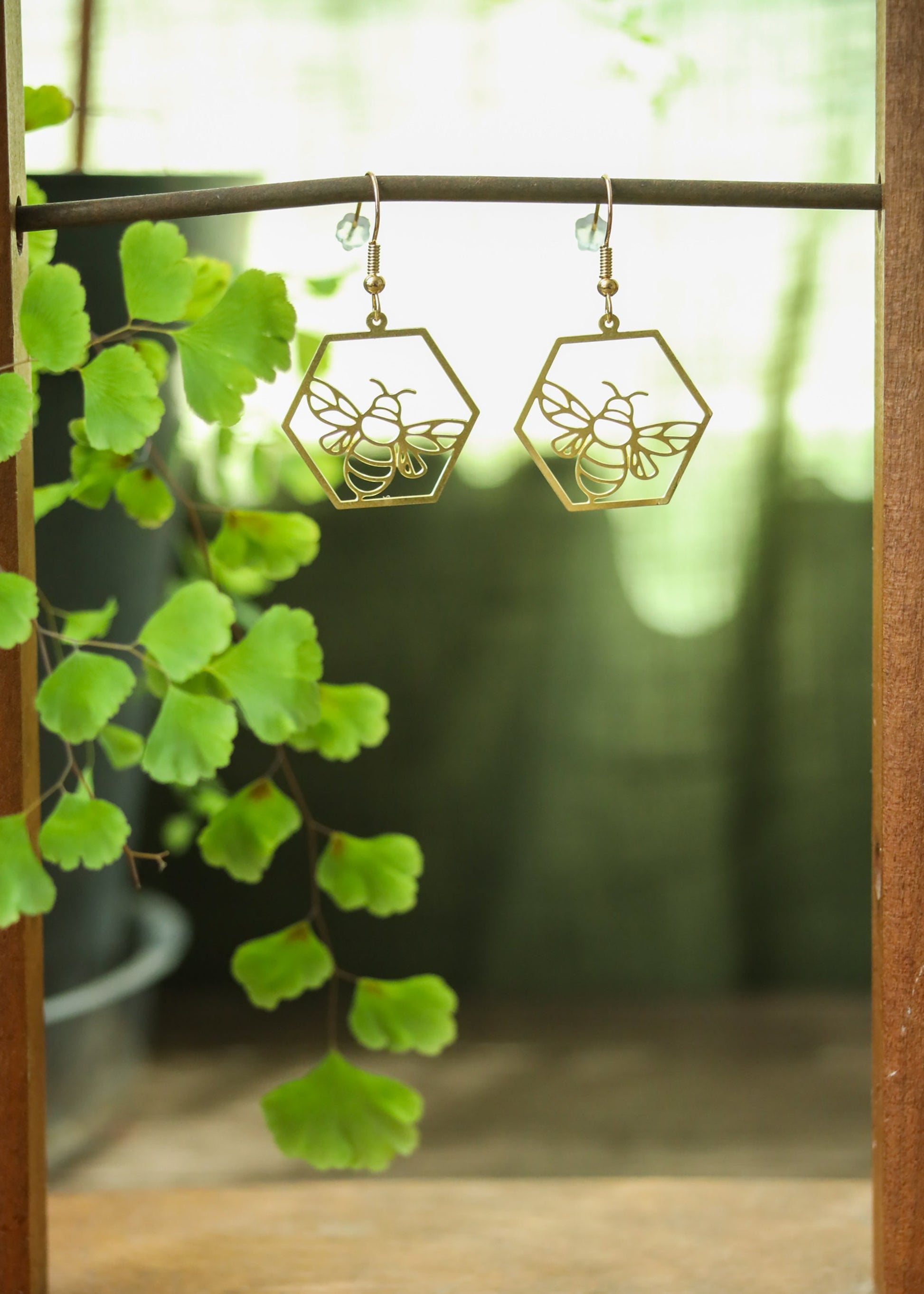 Honey Bee Earrings | Honeycomb Geometric Brass Gold Tone Dangles | Minimalist Delicate Lightweight Jewelry | Queen Bumblebee Beekeeper Gift