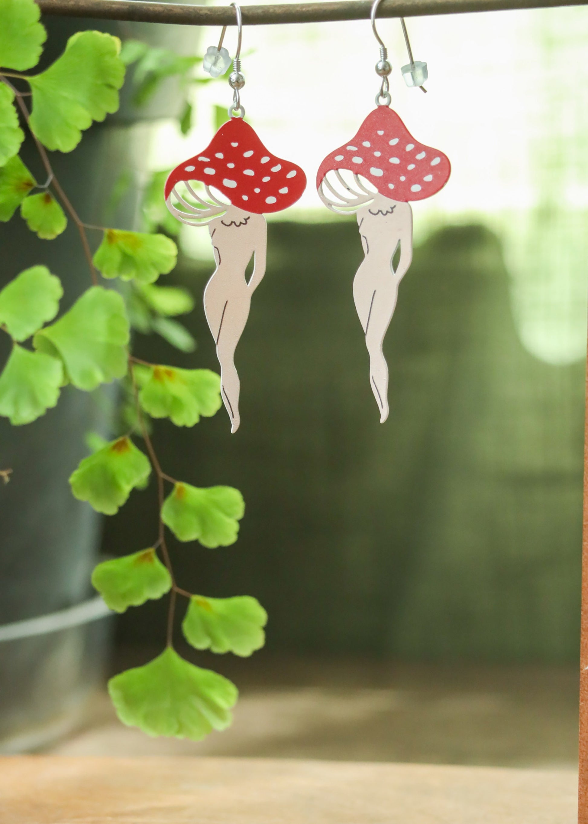Mushroom Lady Earrings | Painted Stainless Steel Mushy Dangles | Fungi Nature Fairycore Charm | Whimsical Fantasy Amanita Mushroom Legs