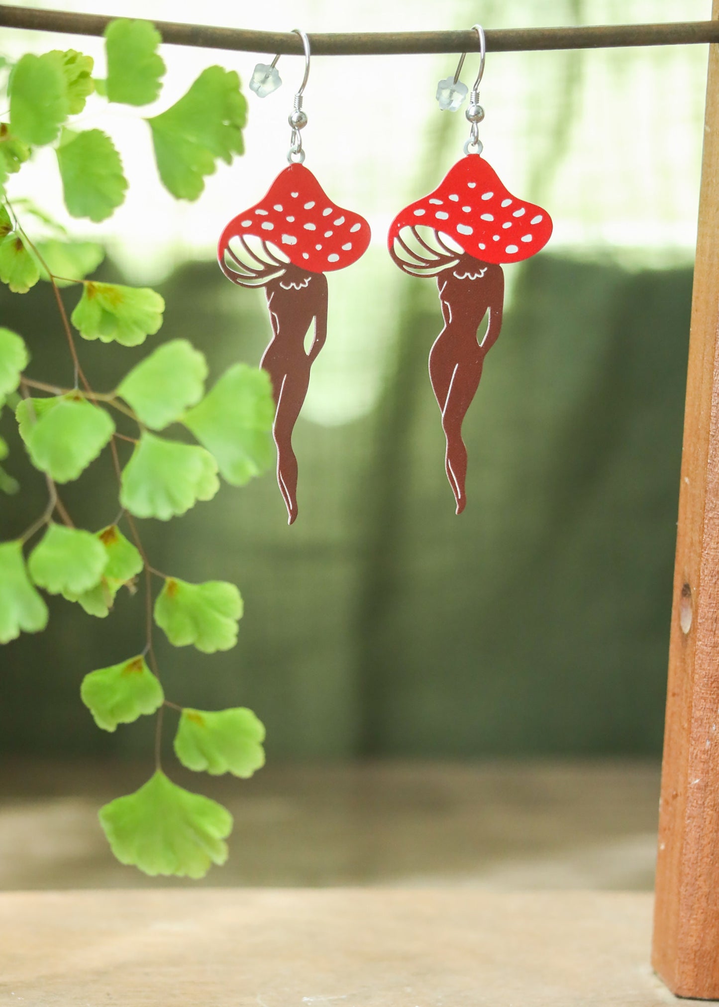 Mushroom Lady Earrings | Painted Stainless Steel Mushy Dangles | Fungi Nature Fairycore Charm | Whimsical Fantasy Amanita Mushroom Legs