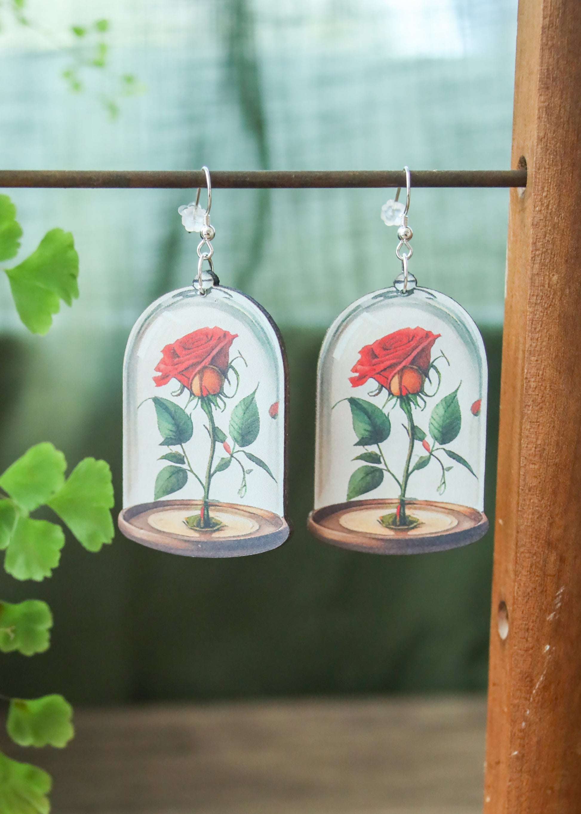 Glass Rose Earrings | Fairytale Story Book Fantasy Jewelry | Whimsical Fantasy Floral Jar Dangles | Laser Cut Wood Boho Fairycore Charms