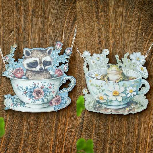 Teacup Critter Pendants | Boho Cottagecore Animal Necklace | Whimsical Fantasy Floral Kawaii Jewelry | Frog Toad Raccoon Tea Time Art