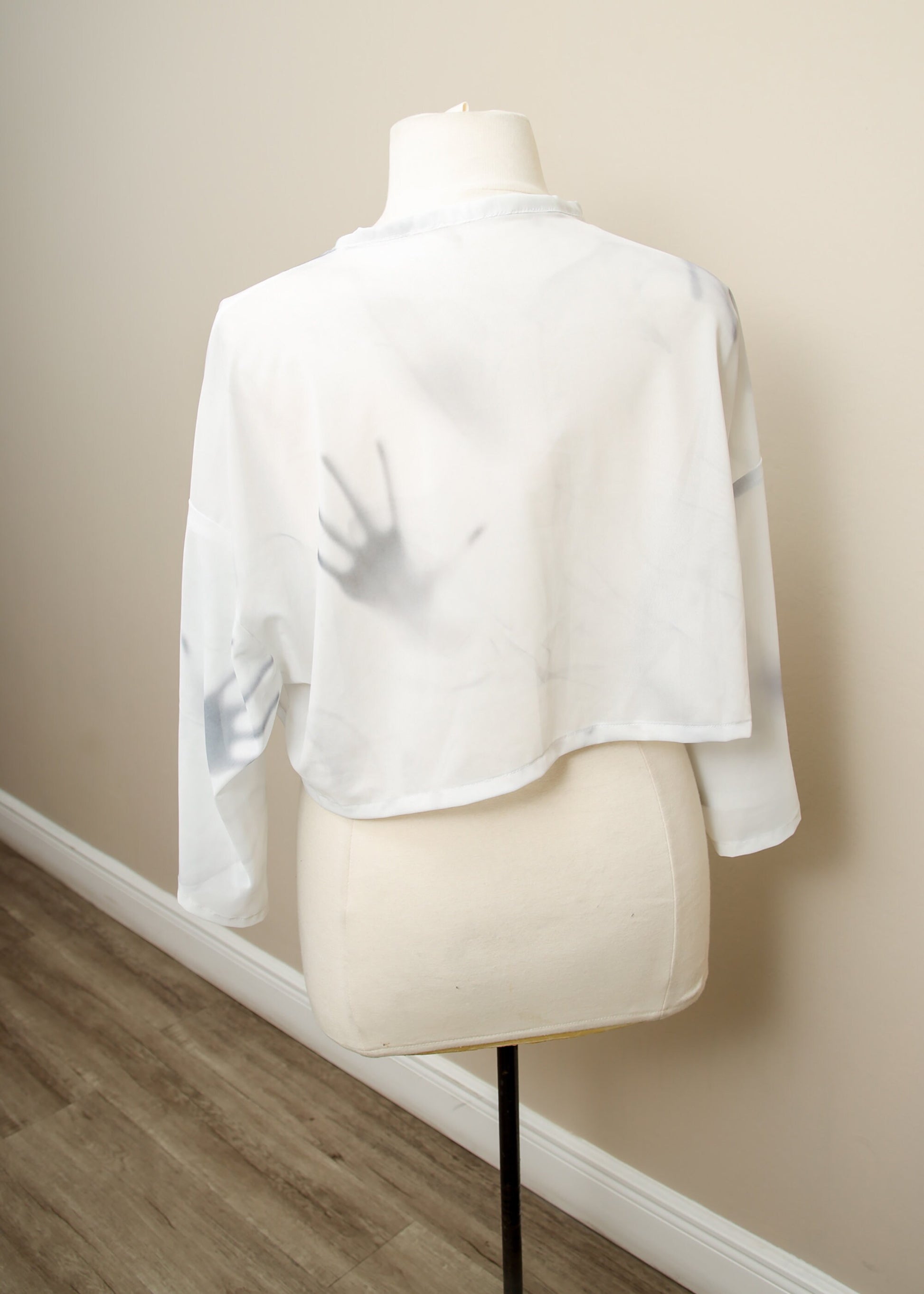 Halloween Crop Top | Ghost Hands Long Sleeve Pullover | Sheer Mesh Cropped Blouse | Spooky Haunted Gothic Horror Shirt | Lightweight Tee