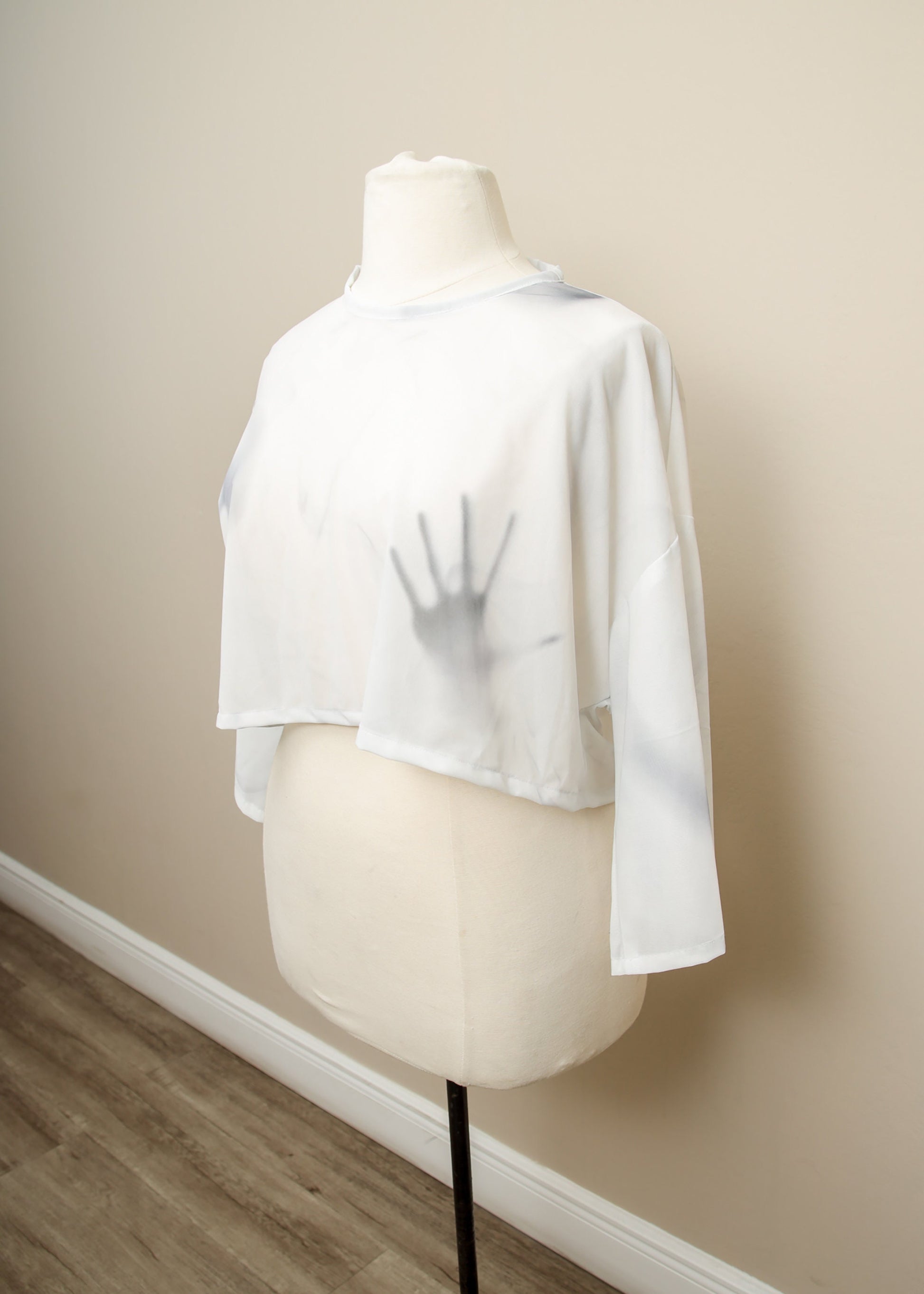 Halloween Crop Top | Ghost Hands Long Sleeve Pullover | Sheer Mesh Cropped Blouse | Spooky Haunted Gothic Horror Shirt | Lightweight Tee