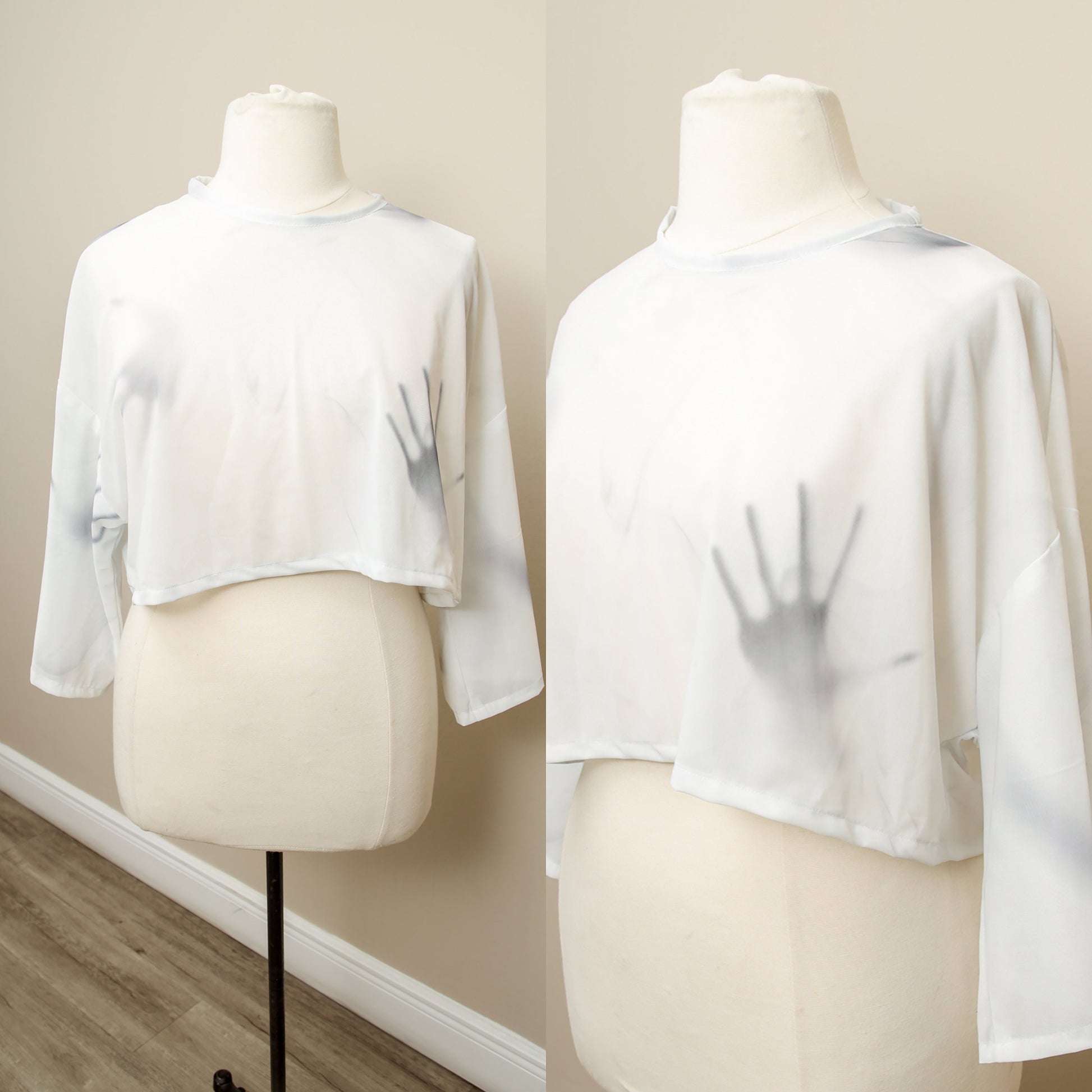 Halloween Crop Top | Ghost Hands Long Sleeve Pullover | Sheer Mesh Cropped Blouse | Spooky Haunted Gothic Horror Shirt | Lightweight Tee