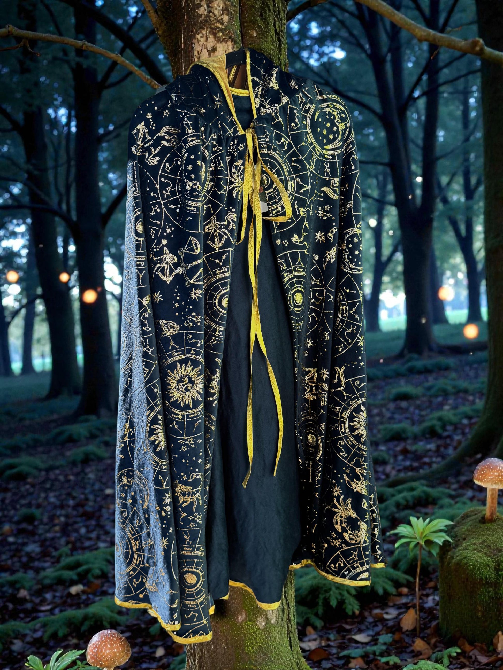 Astrology Hooded Capelet | Whimsical Fantasy Wizard Witch Cape | Plush Celestial Long 3/4 Length Outerwear | Mystical Magical Medieval Cloak