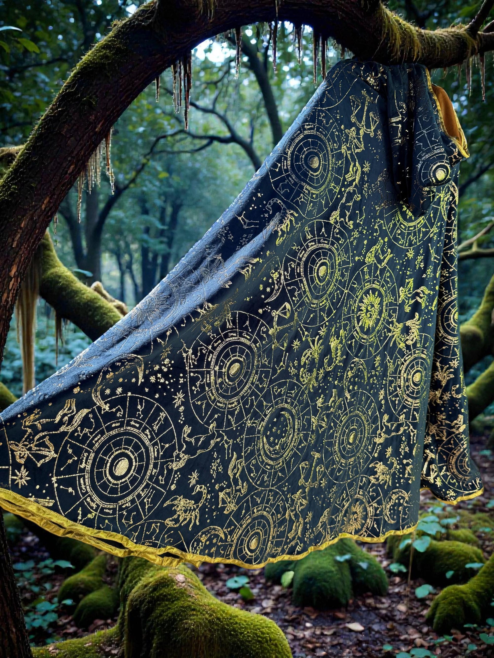 Astrology Hooded Capelet | Whimsical Fantasy Wizard Witch Cape | Plush Celestial Long 3/4 Length Outerwear | Mystical Magical Medieval Cloak