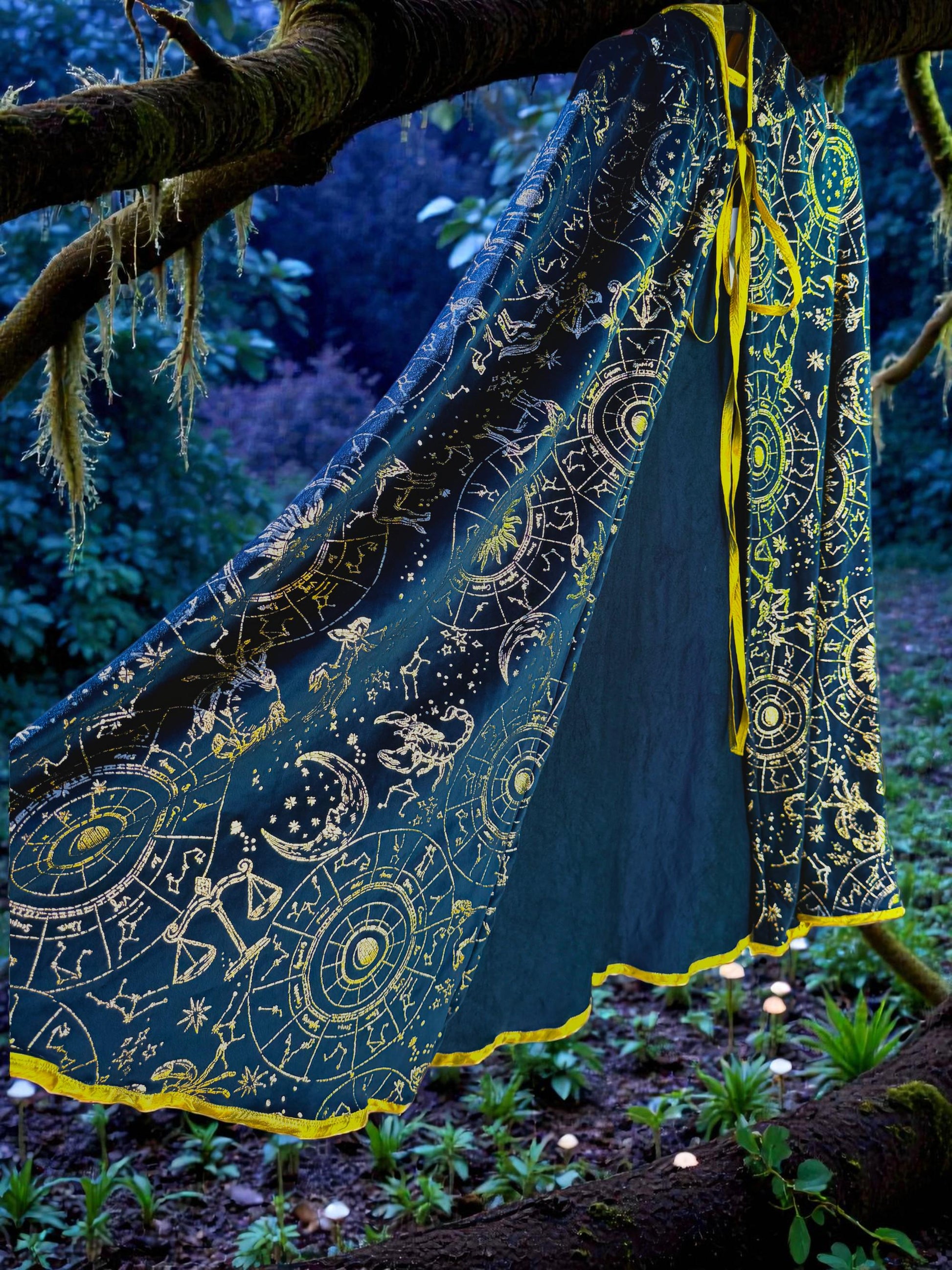Astrology Hooded Capelet | Whimsical Fantasy Wizard Witch Cape | Plush Celestial Long 3/4 Length Outerwear | Mystical Magical Medieval Cloak