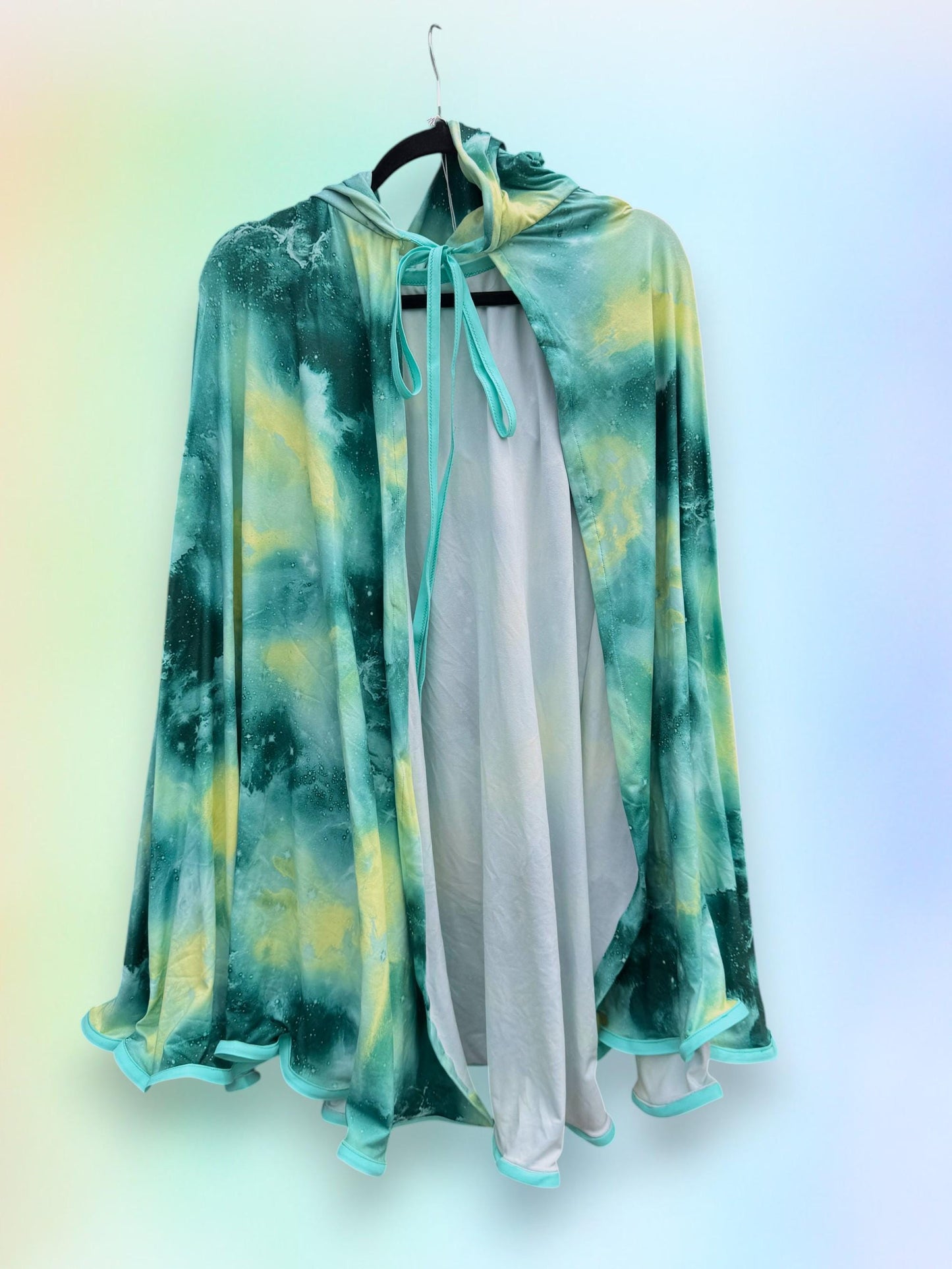 Astrology Hooded Capelet | Whimsical Fantasy Wizard Witch Cape | Green Celestial Long 3/4 Length Outerwear | Mystical Magical Medieval Cloak