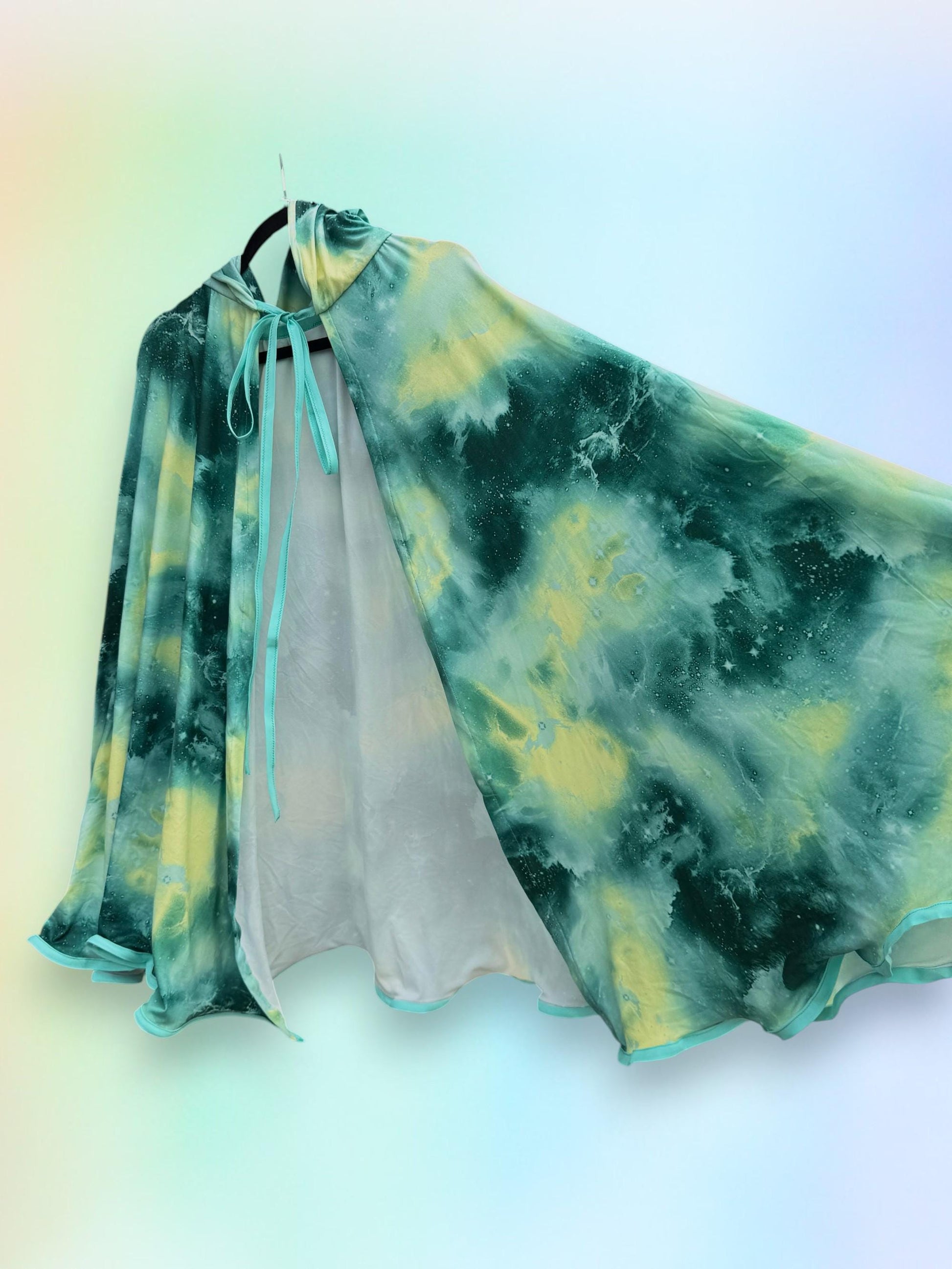 Astrology Hooded Capelet | Whimsical Fantasy Wizard Witch Cape | Green Celestial Long 3/4 Length Outerwear | Mystical Magical Medieval Cloak