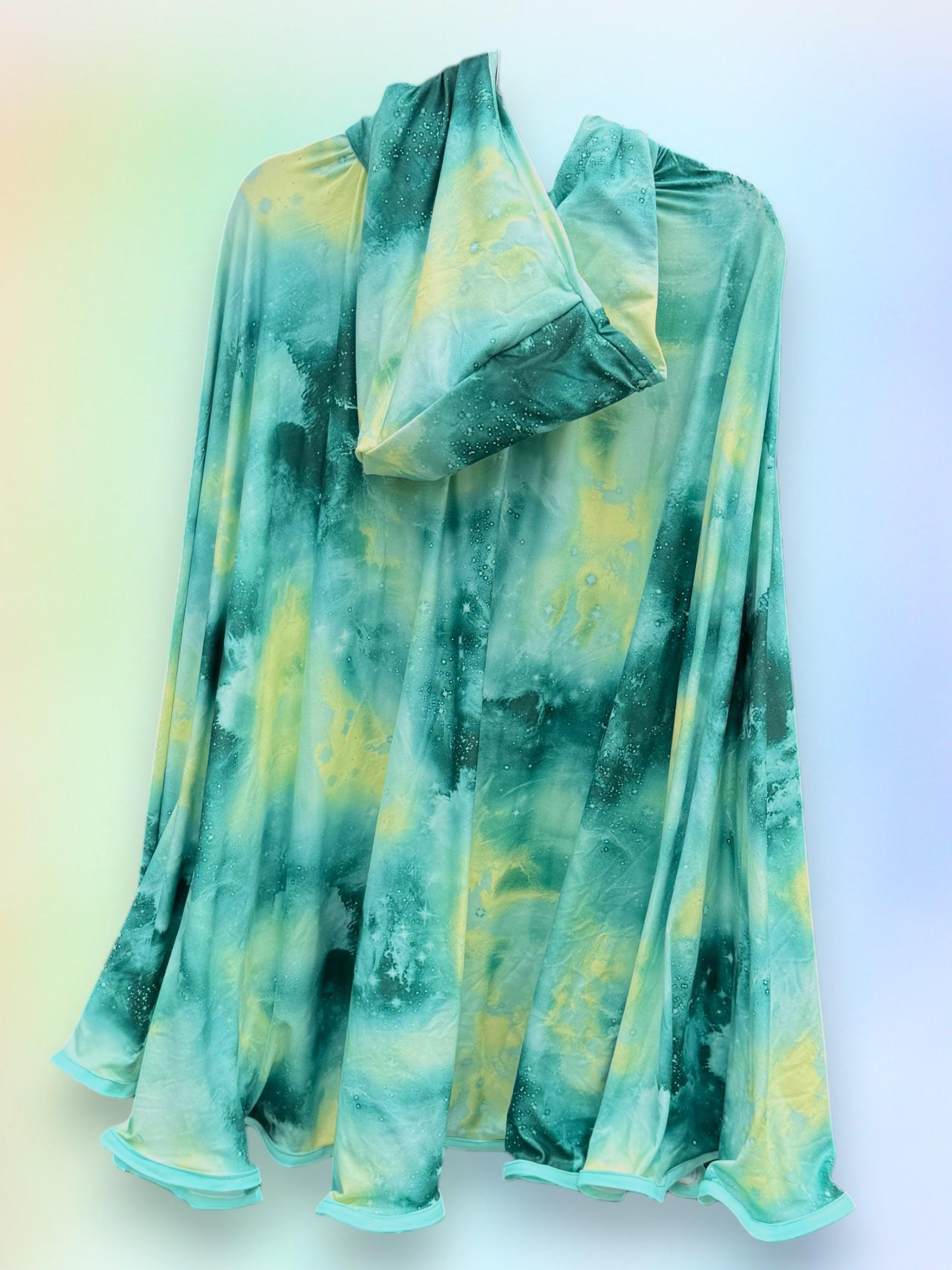 Astrology Hooded Capelet | Whimsical Fantasy Wizard Witch Cape | Green Celestial Long 3/4 Length Outerwear | Mystical Magical Medieval Cloak