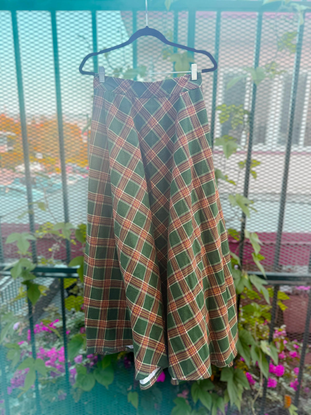 Green Fall Tone Flannel Midi Skirt