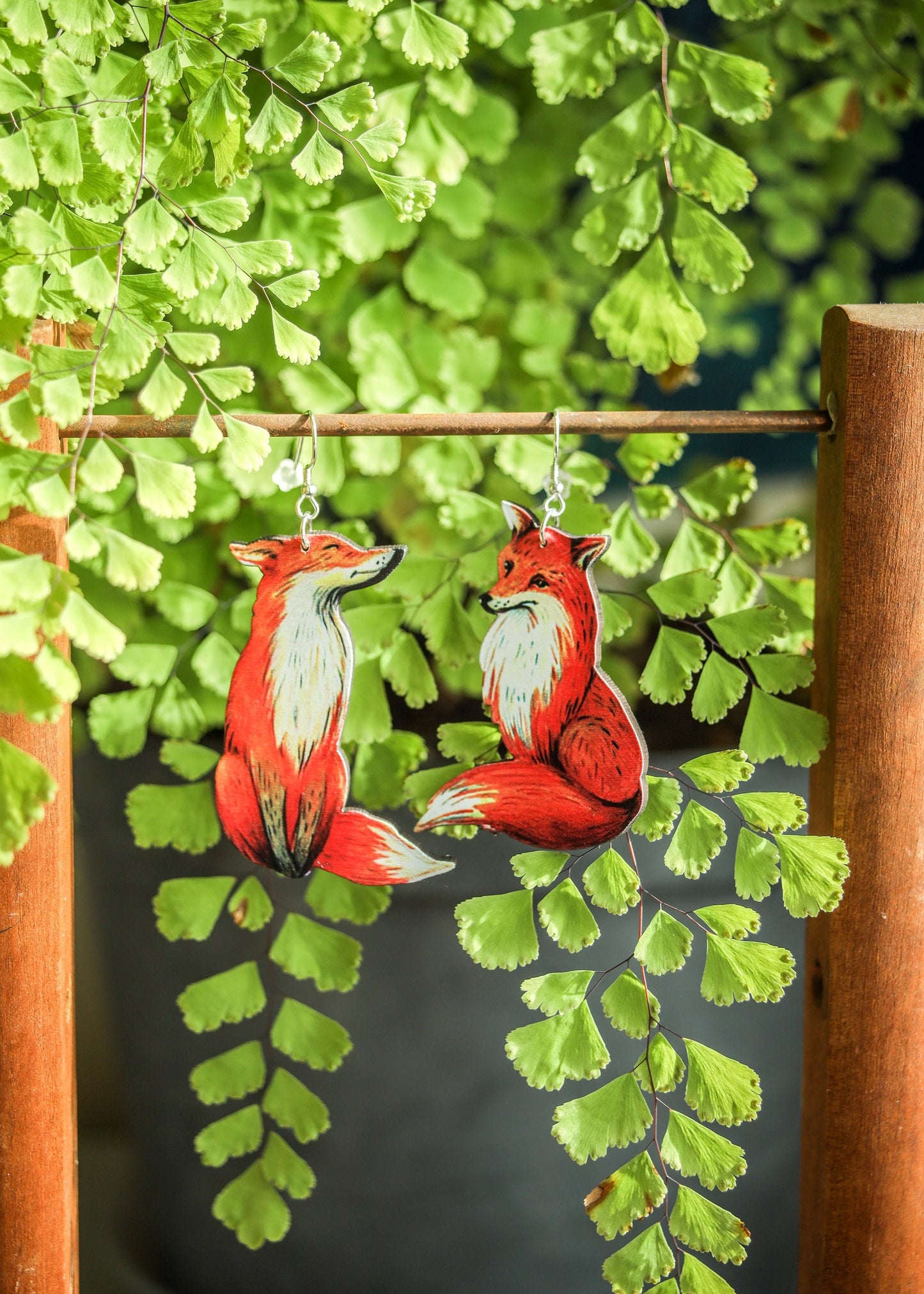 Red Fox Earrings | Woodland Whimsical Jewelry | Wood Laser Cut Dangle | Sterling Silver Ear Wires | Cottagecore Forest Animal Wildlife