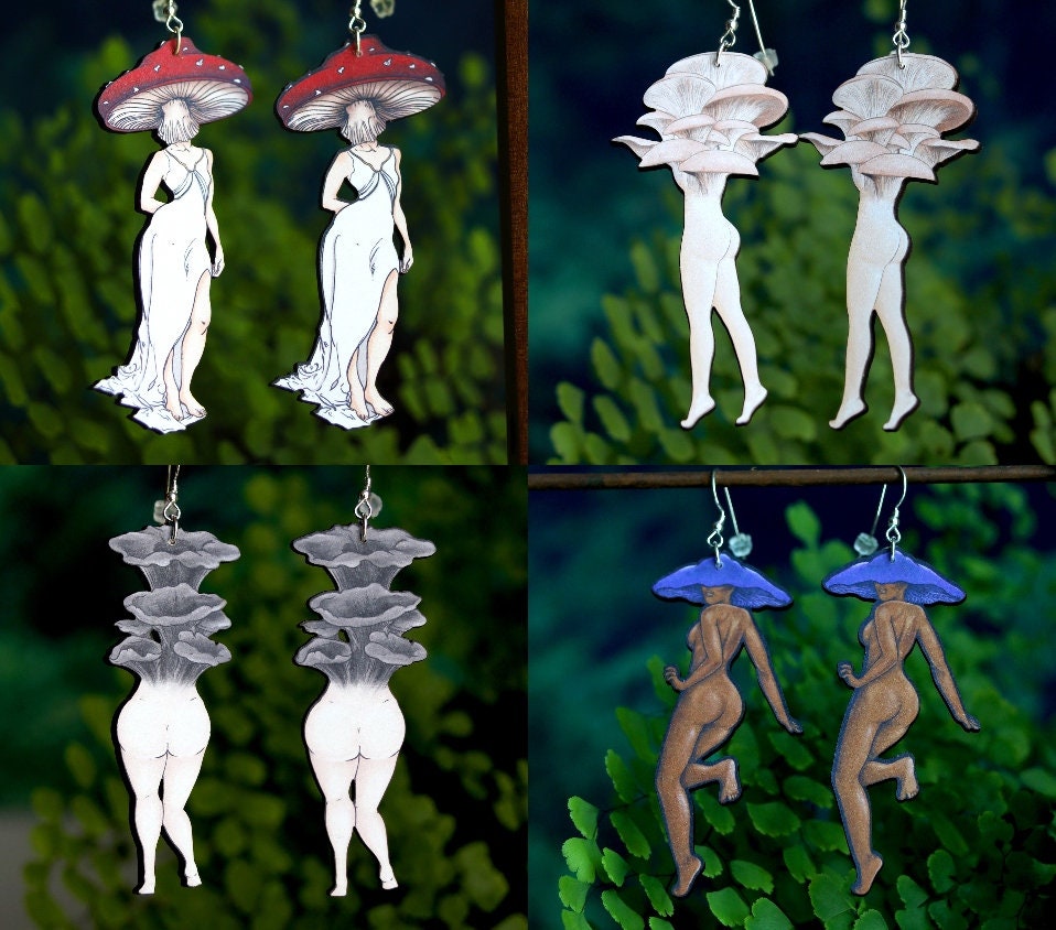 Mushroom Lady Earrings | Cottagecore Fairycore Goblincore Jewelry | Woodland Wood Laser Cut | Sterling Silver Ear Wires | Amanita Cute Fungi