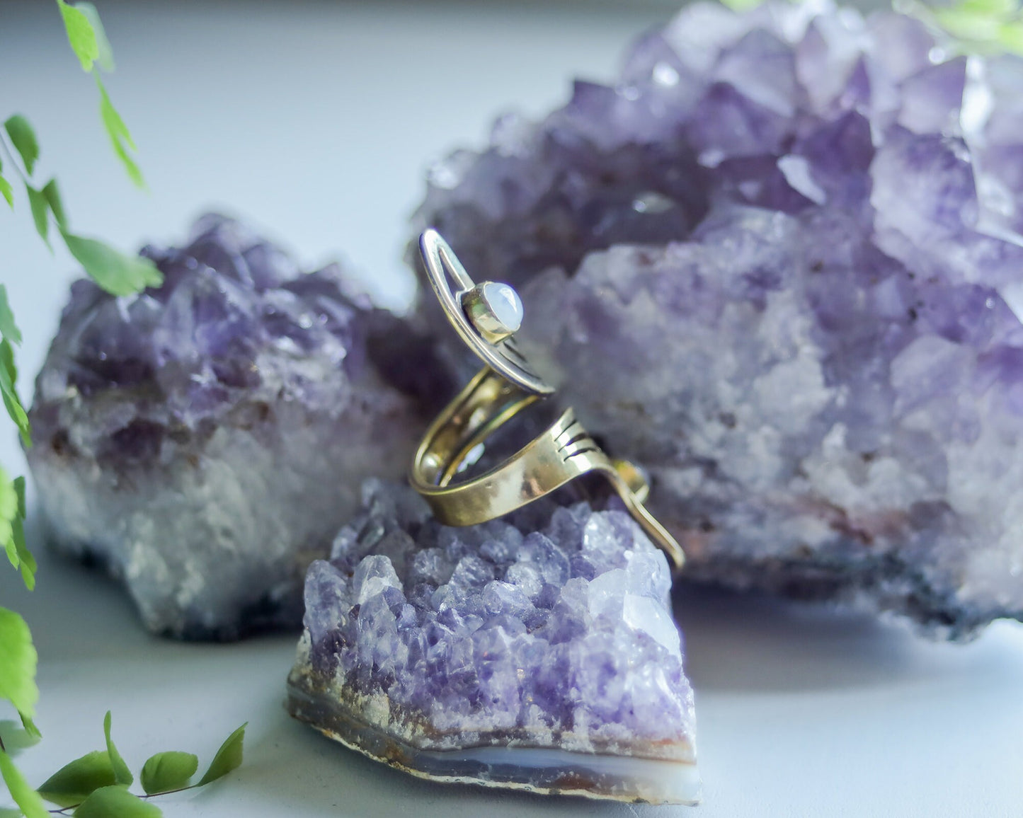 Brass Moon Ring | Adjustable Moonstone Gemstone Jewelry | Celestial Spiritual Crystal Healing | Gold Tone Crescent Witch Boho Lunar Goddess