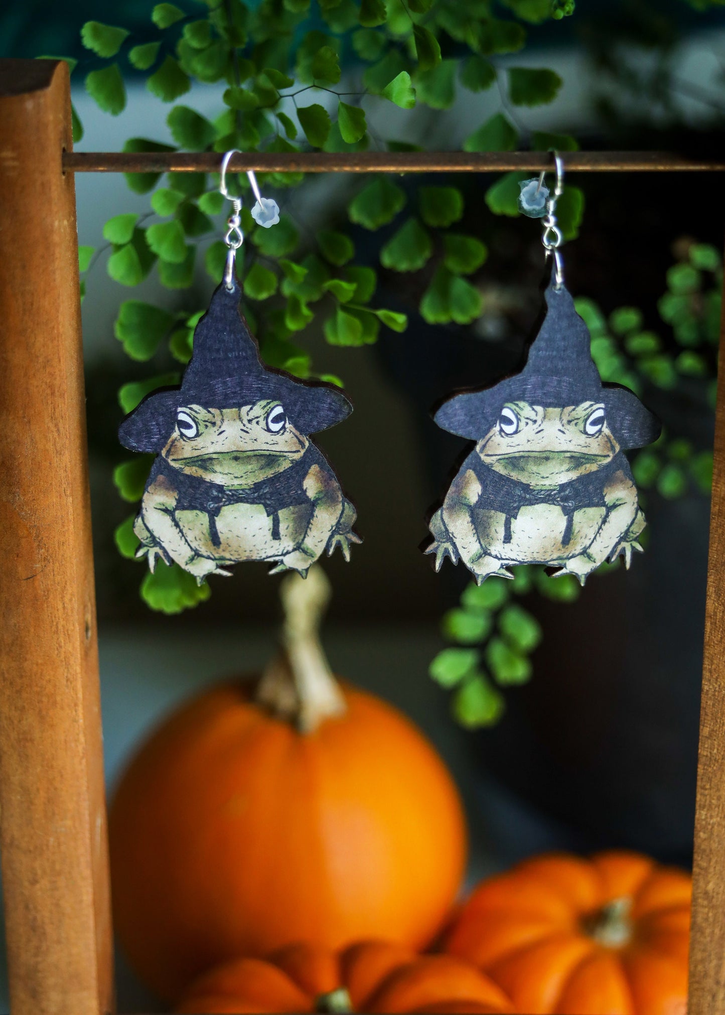 Witch Toad Earrings | Halloween Wizard Frog Dangles | Magical Woodland Goblincore Cottagecore Fairycore | Wood Sterling Silver Ear Wire