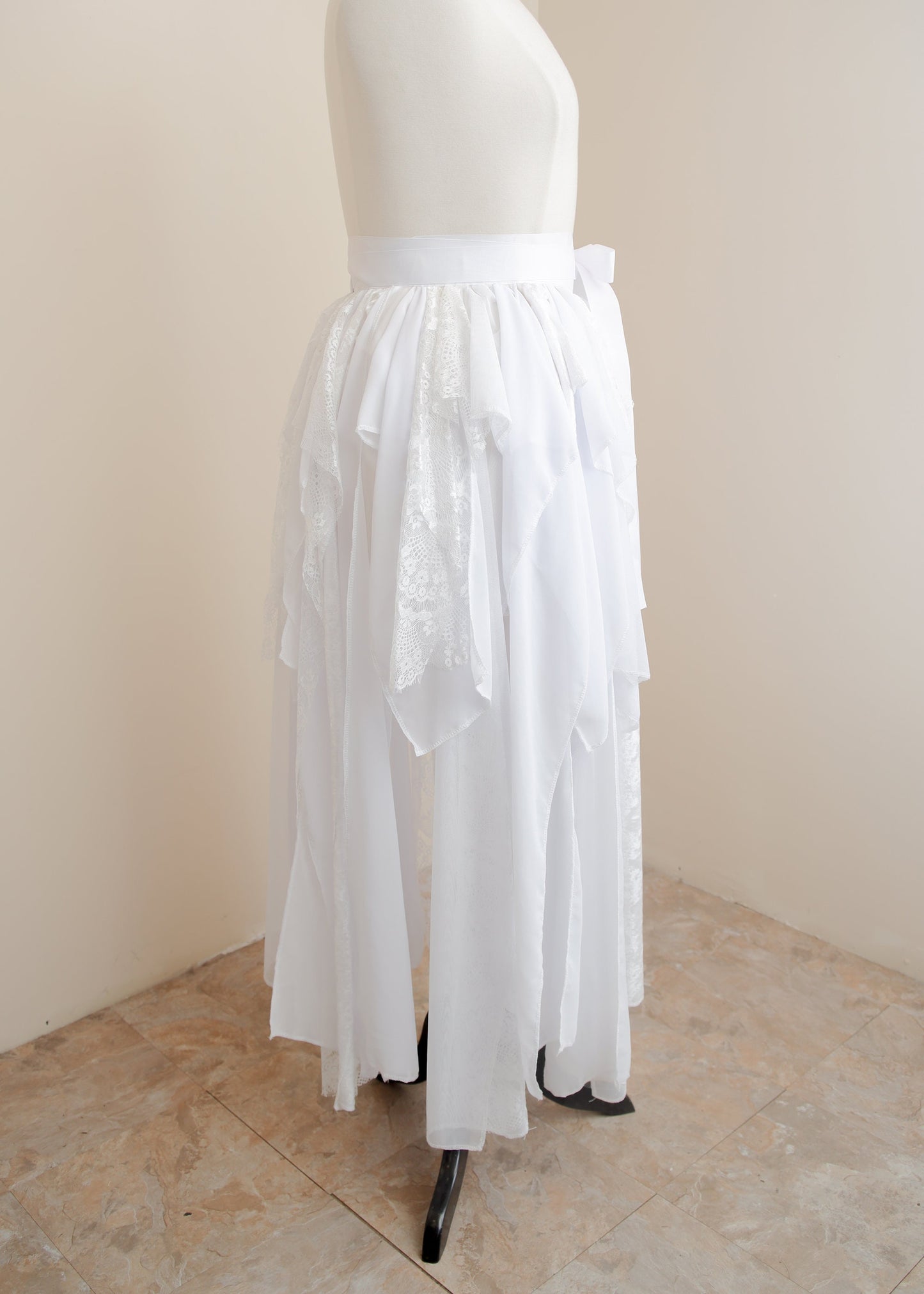 White Fairy Skirt | Angel Tattered Wrap Pixie Tutu | Chiffon Lace Bustle Maxi | Boho Fairycore Whimsical | Fairy Renaissance Festivalwear