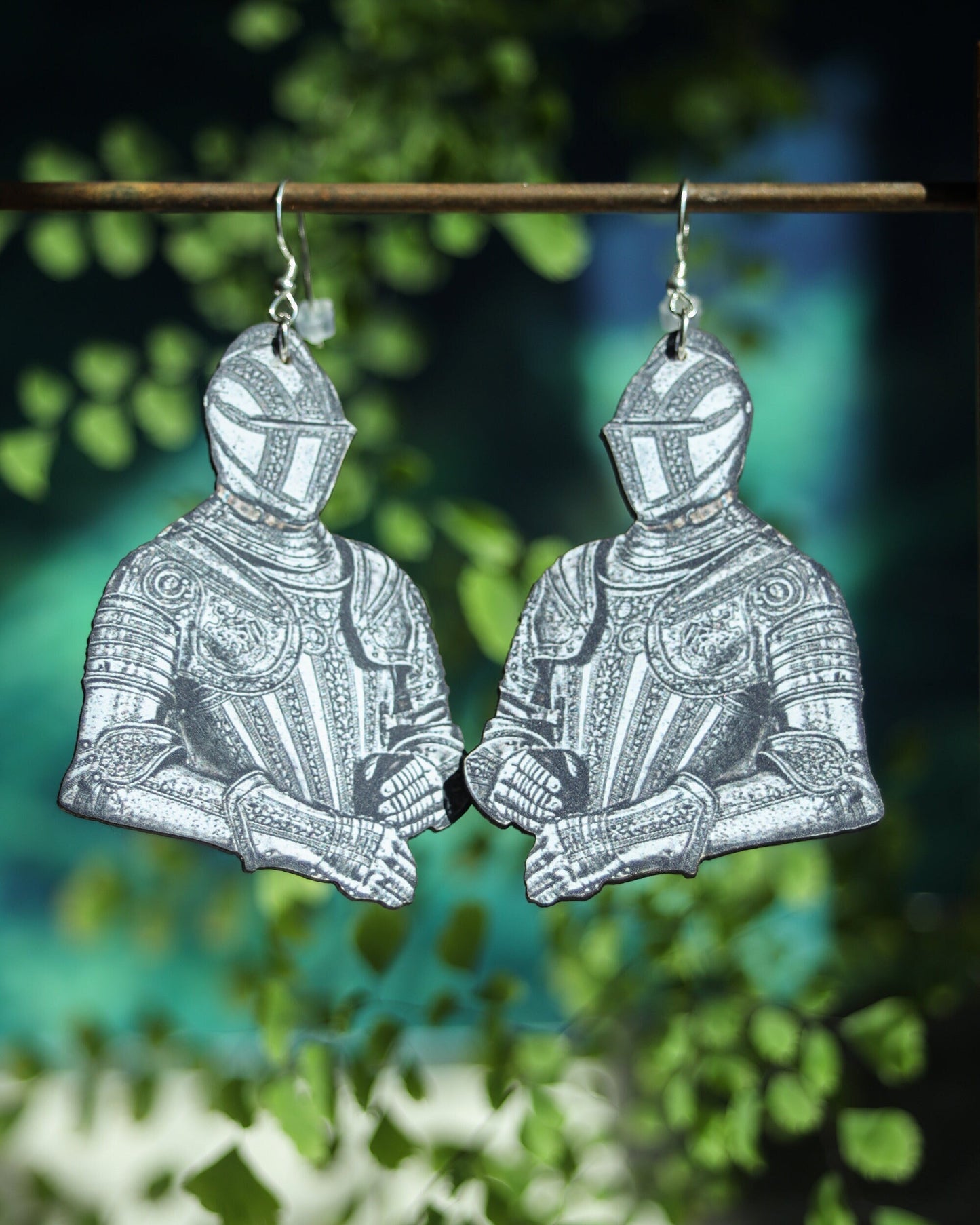 Knight Earrings | Wood Cut Medieval Jewelry | Renaissance Dark Armored Noblemen Dangles | Sterling Silver Ear Wire | Fantasy Gothic Warrior