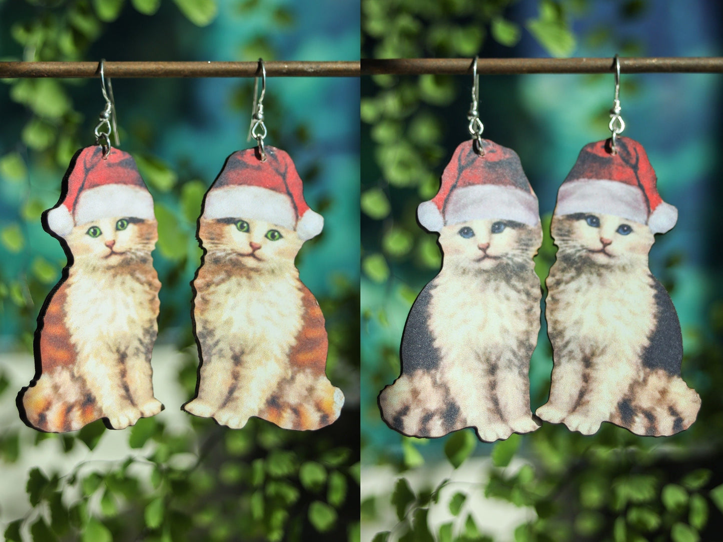 Christmas Cat Earrings | Santa Hat Kitten Dangles | Holiday Stocking Stuffer Jewelry Gift | Laser Wood Cut Sterling Silver Ear Wires