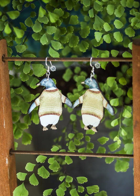 Penguin Earrings | Cozy Sweater Penguin Jewelry | Christmas Winter Holiday Animal Dangles | Cute Kawaii Quirky Laser Wood Cut