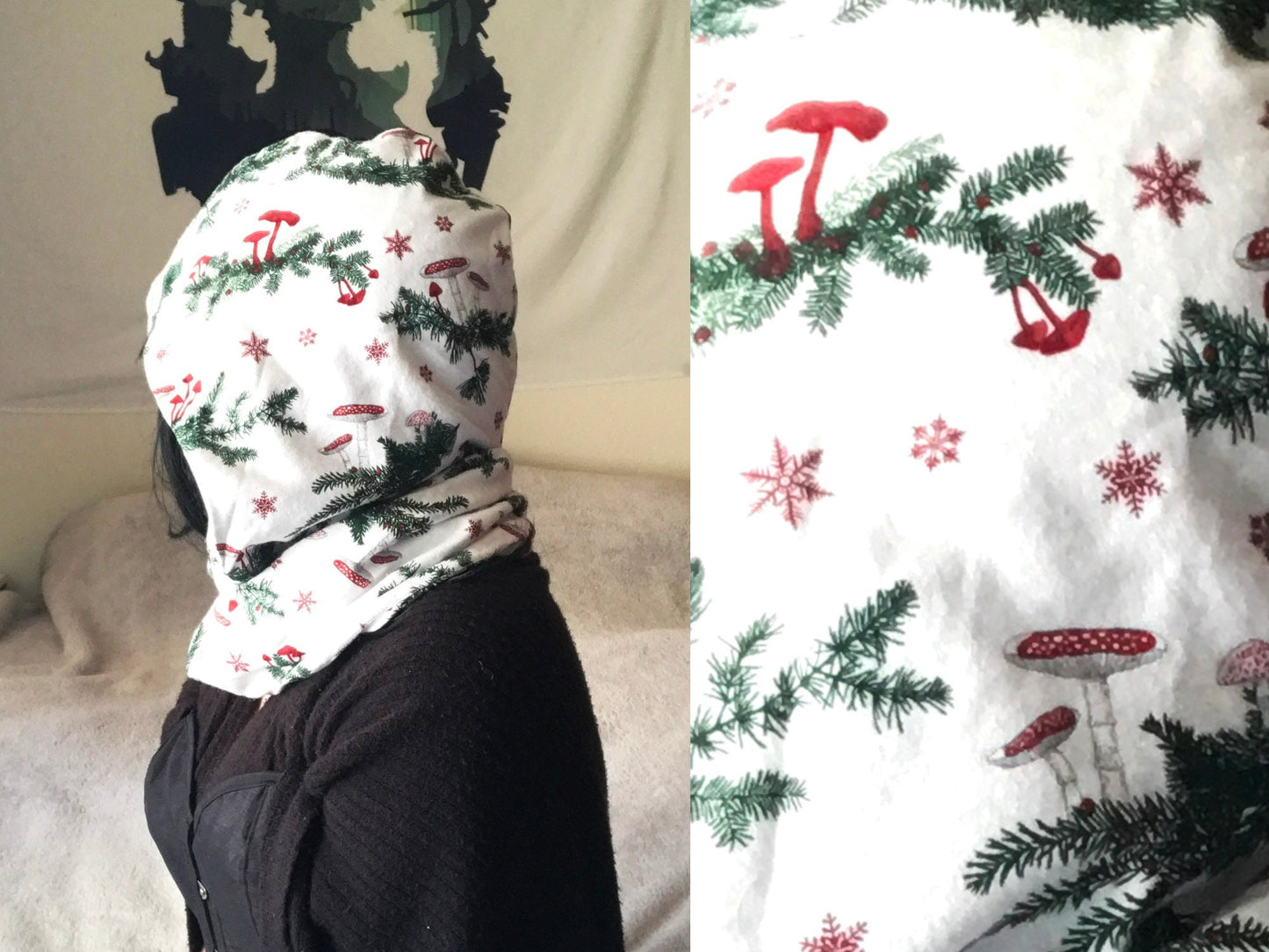 Flannel Cowl Scarf | Holiday Mushroom Infinity Scarves | Cozy Hooded Head Wrap | Cottagecore Fairy Neck Warmer Snood | Holiday Accessories